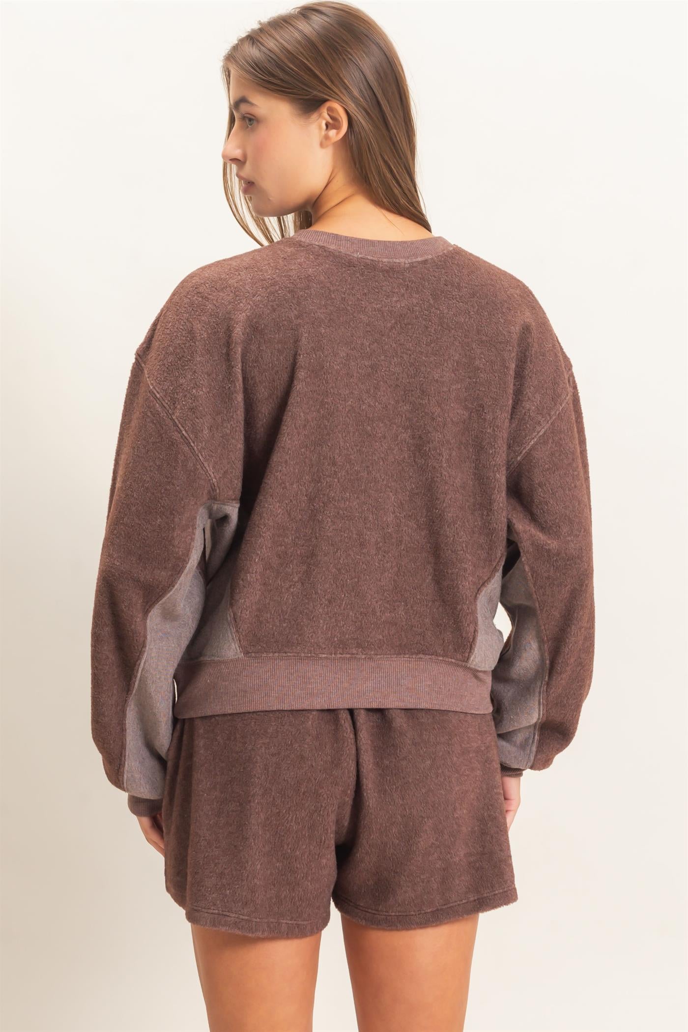 Wholesale Contrast Sweatshirt & Shorts Set Clothing DZ25F478-SET DARK BROWN DOUBLE ZERO