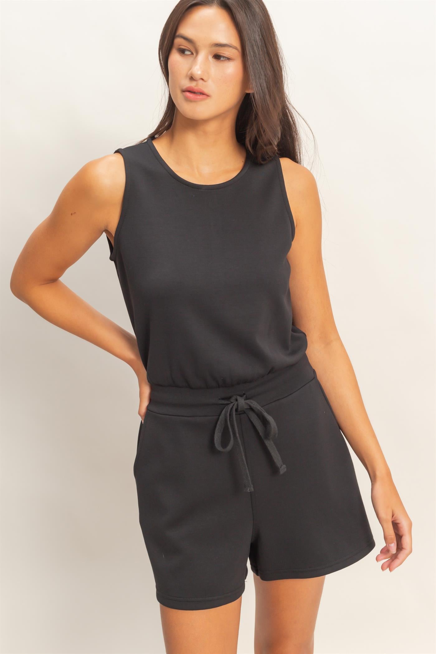 Wholesale Drawstring Waist Sleeveless Romper Clothing DZ26C732 BLACK DOUBLE ZERO