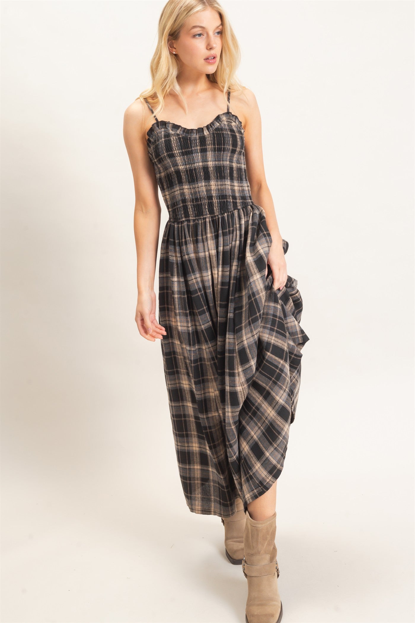 Wholesale Plaid Smocked Maxi Dress Dresses HF26C898 BLACK HYFVE