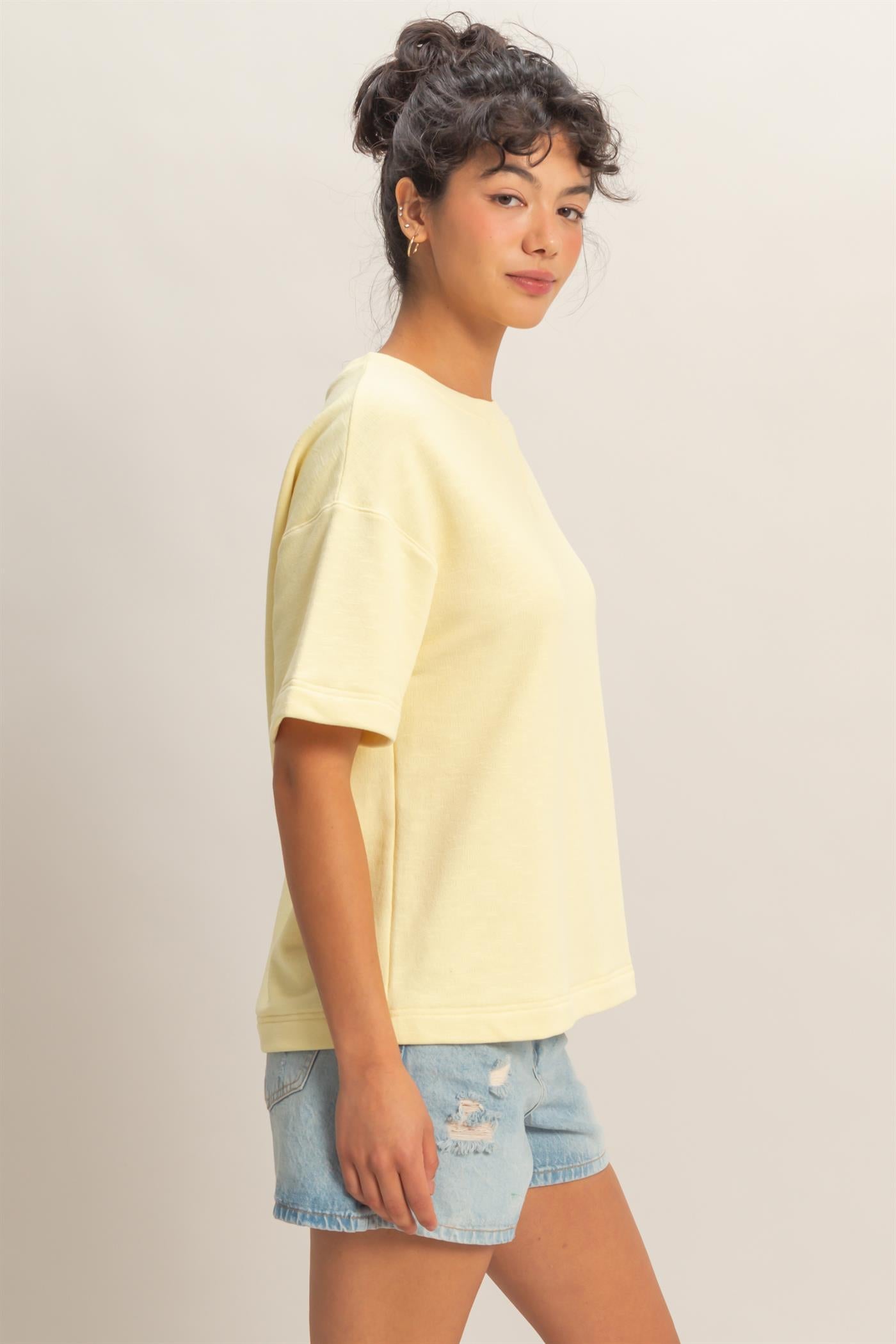 Wholesale Crew Neck Short Sleeve Top Clothing Tops DZ26A891 PALE YELLOW DOUBLE ZERO