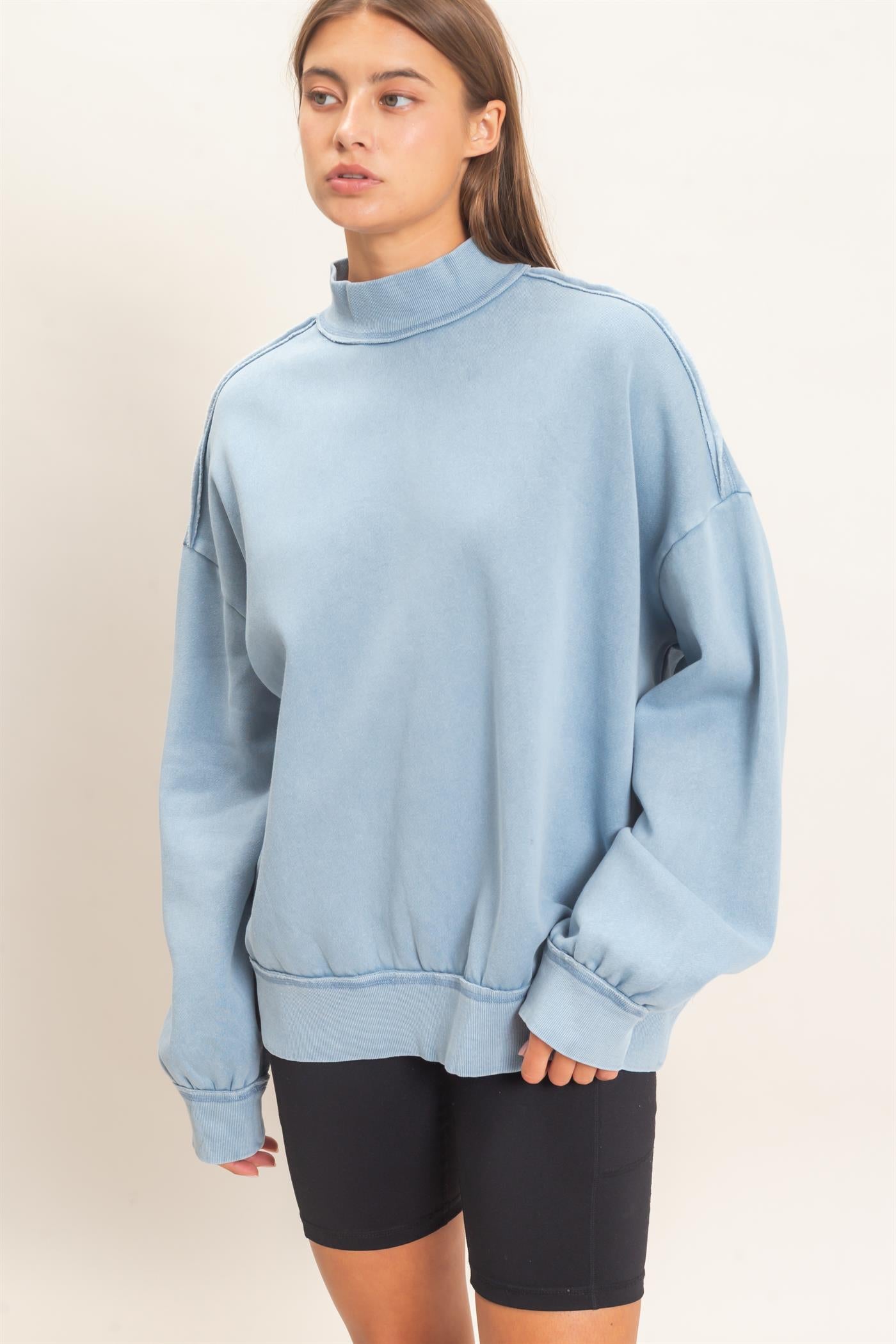 Wholesale Acid Washed Mock Neck Sweatshirt Sweatshirts DZ26E656 DUSTY BLUE DOUBLE ZERO
