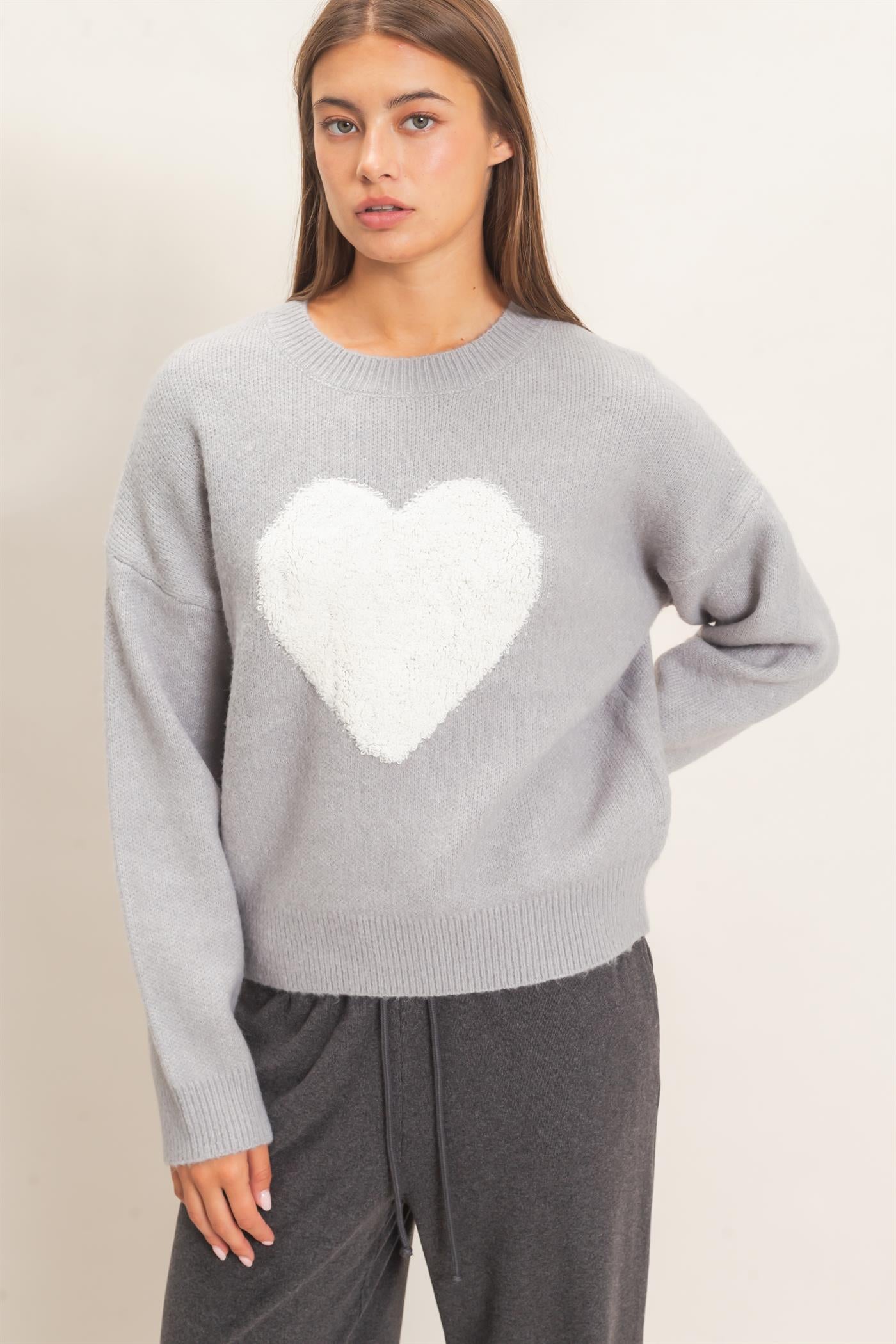 Wholesale Heart Graphic Sweater Sweaters DZ26E430 GRAY DOUBLE ZERO