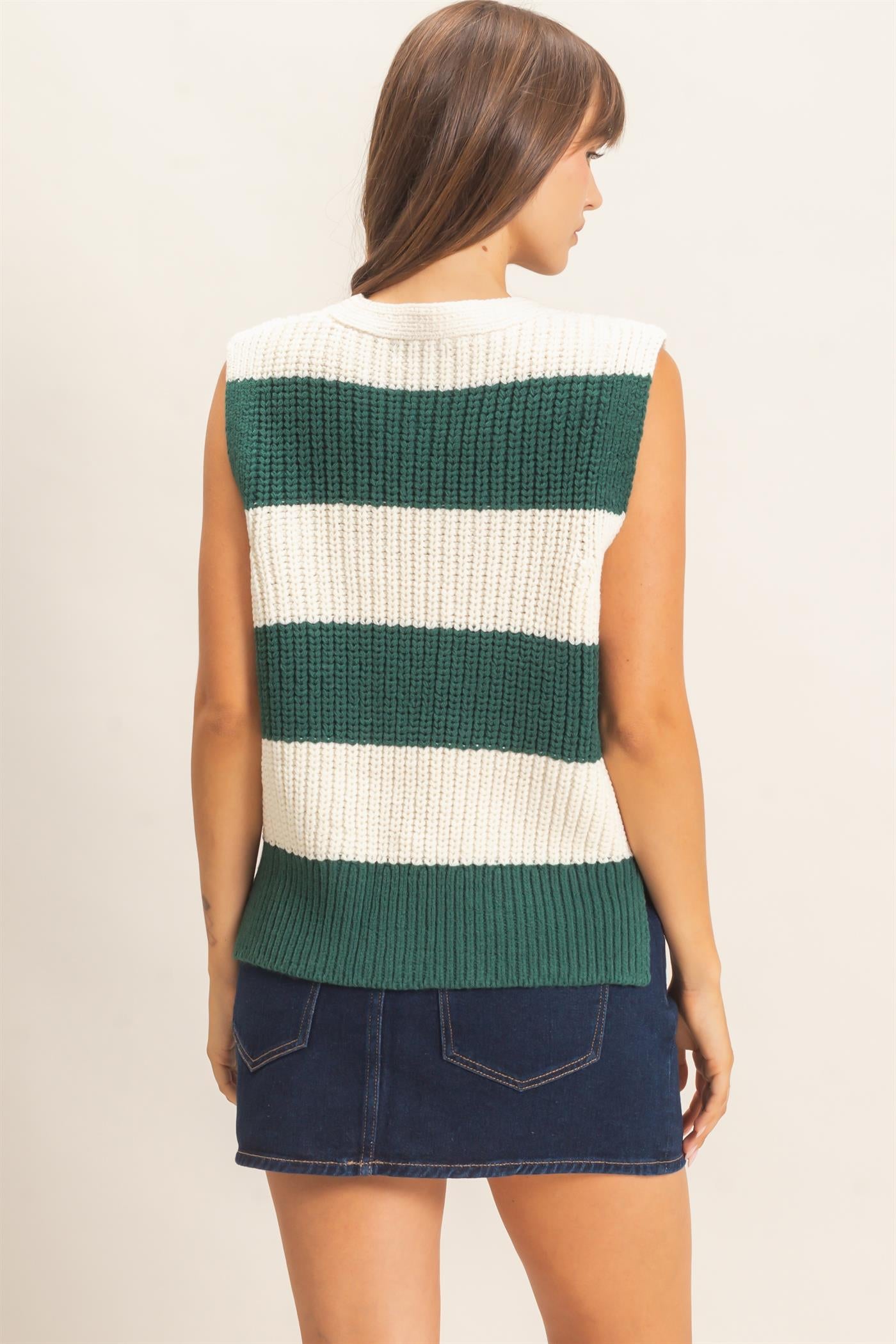 Wholesale V-Neck Striped Sweater Vest Sweaters HF26E482-D GREEN HYFVE
