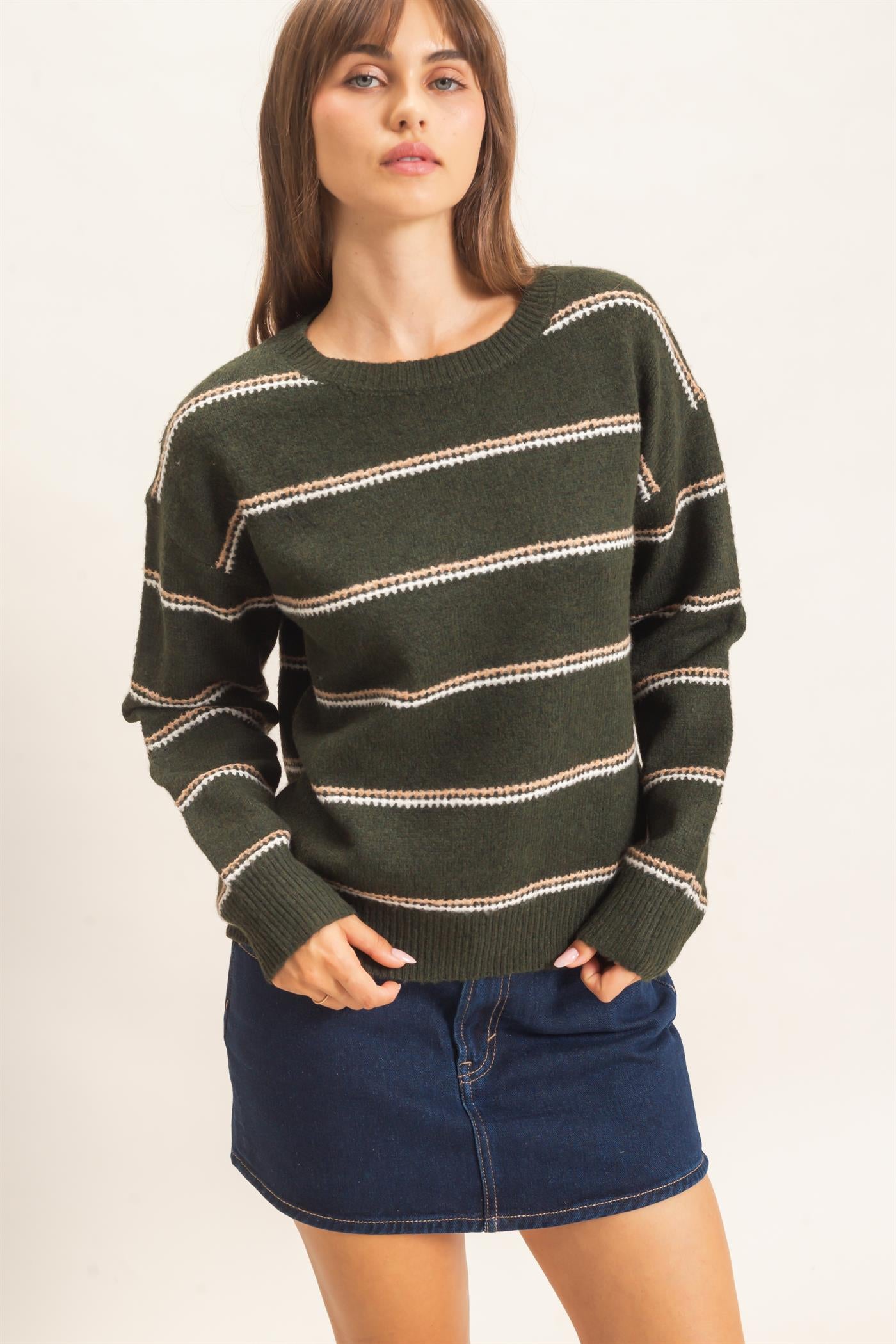 Wholesale Striped Crew Neck Sweater Sweaters HF26E696-D DARK OLIVE HYFVE