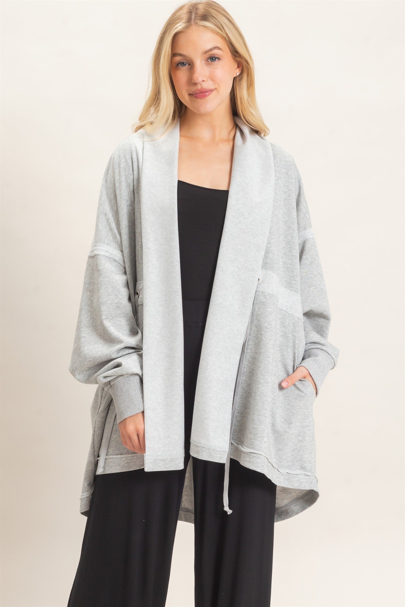 Wholesale Open Front Tie Waist Cardigan Cardigans HF26C778 HEATHER GRAY HYFVE