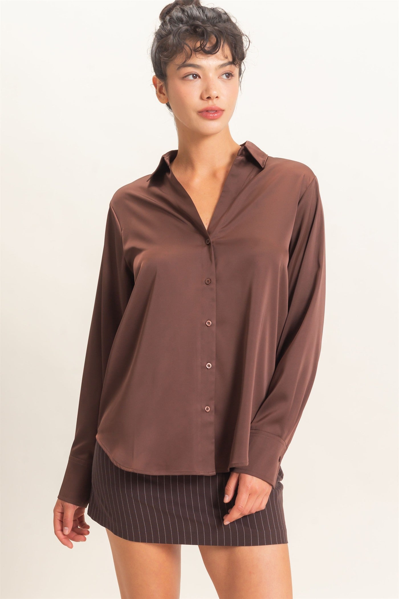 Wholesale Satin Button-Down Shirts Shirts DZ26E265 DARK BROWN DOUBLE ZERO