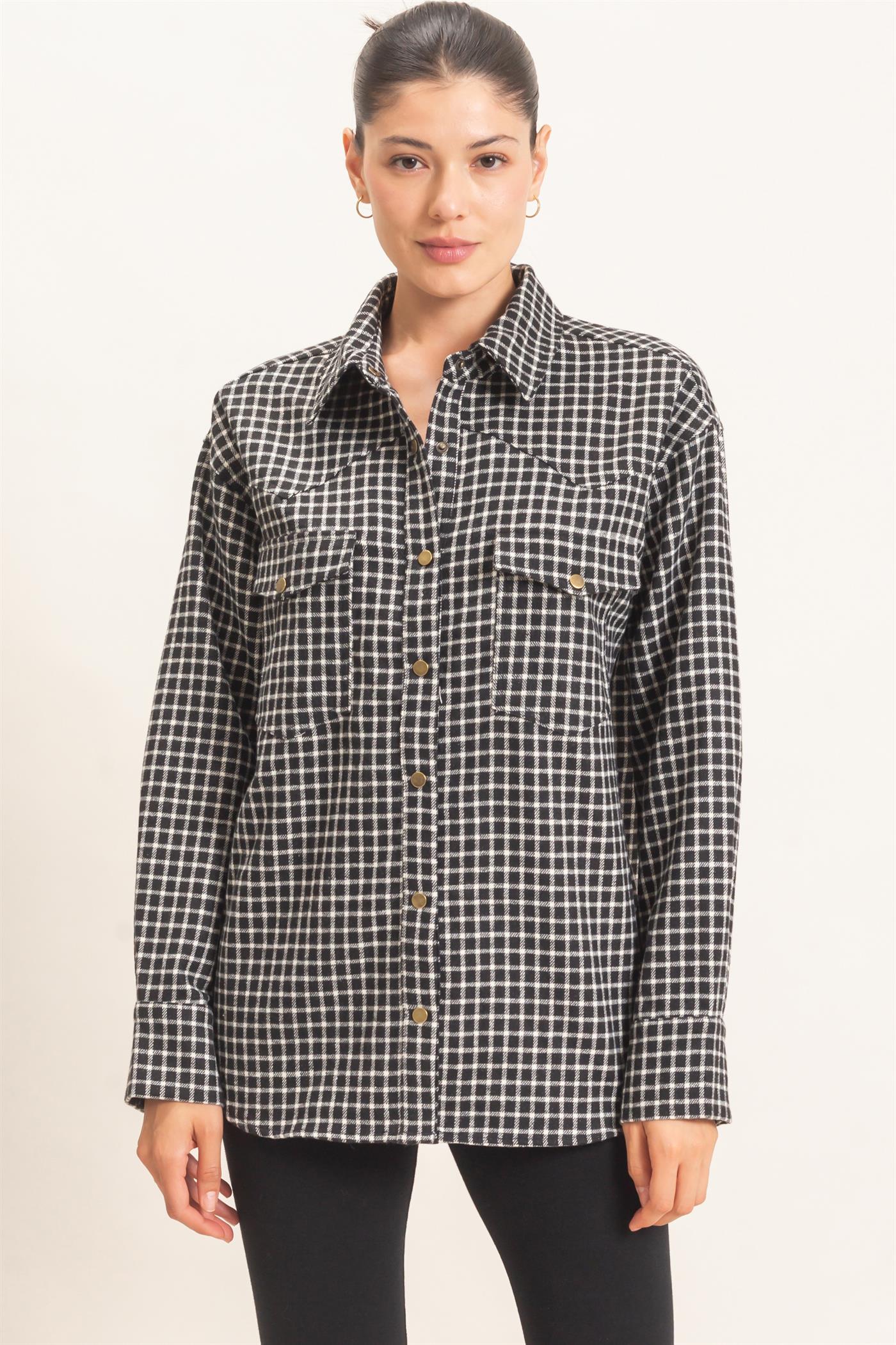 Wholesale Plaid Button-Up Shirt Clothing Tops HF25F450 BLACK HYFVE