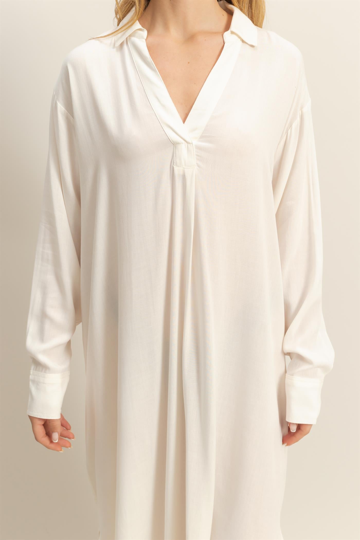 Wholesale V-Neck Long Sleeved Midi Shirts Dress Dresses DZ24E706 WHITE DOUBLE ZERO