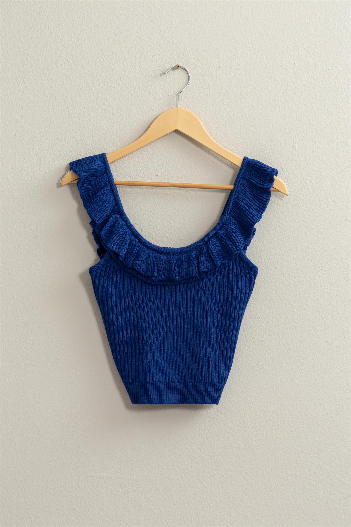 Wholesale Ribbed Ruffle Crop Top Clothing Tops DZ24A505 COBALT DOUBLE ZERO