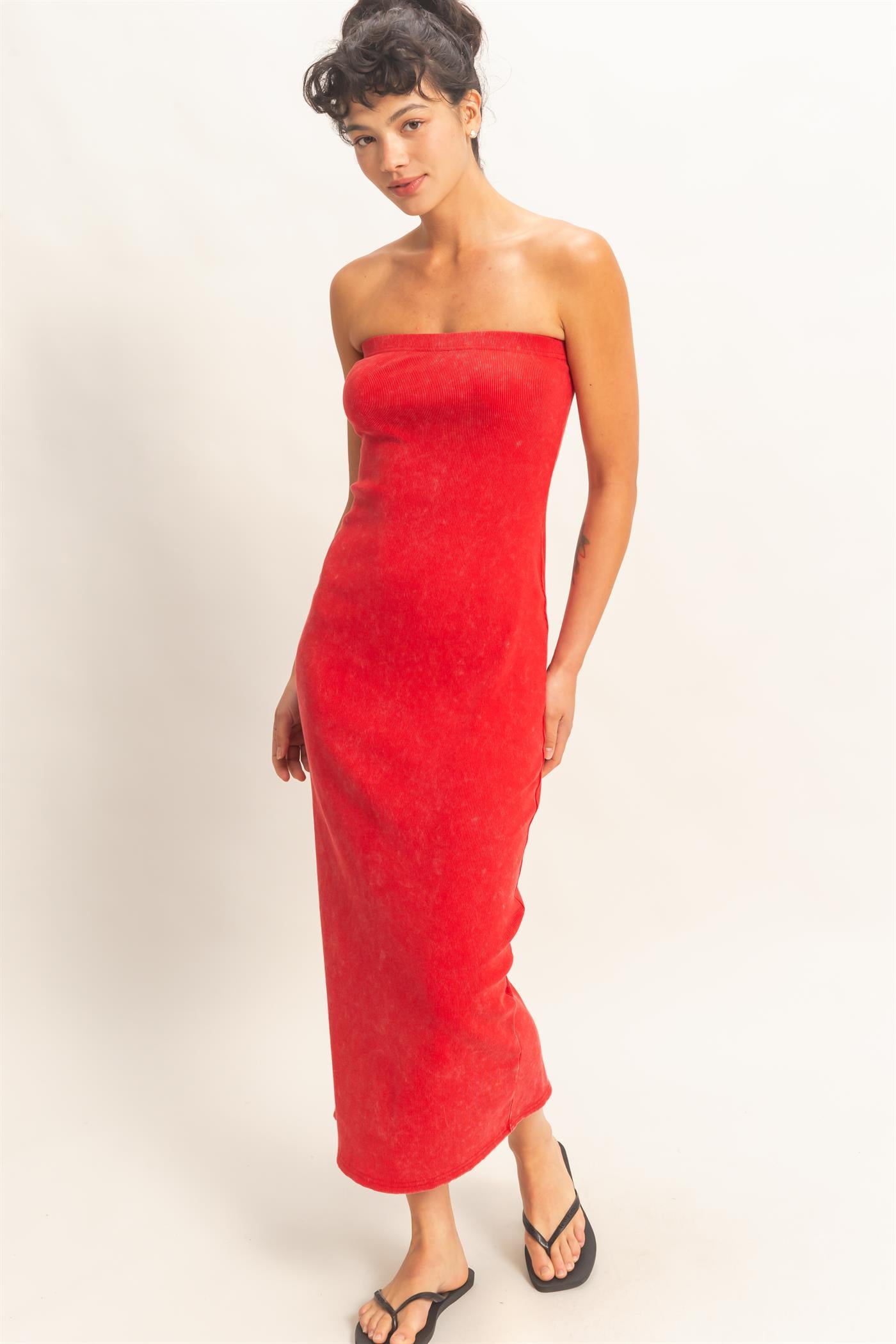 Wholesale Acid Washed Ribbed Midi Tube Dress Dresses DZ26C620 RED DOUBLE ZERO