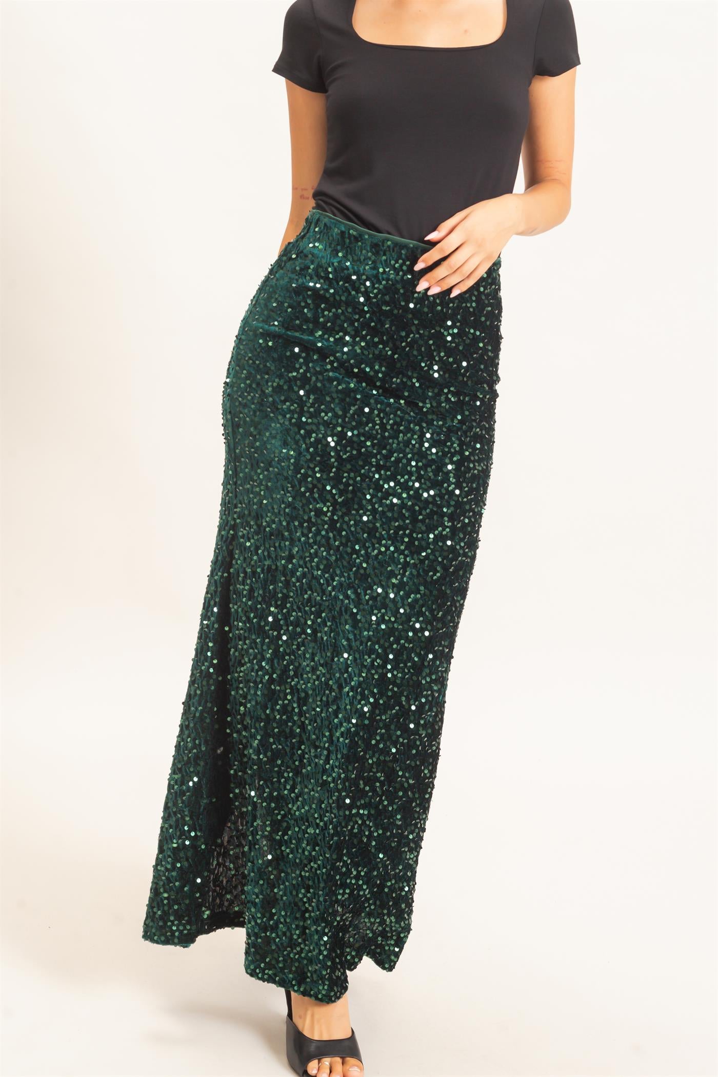 Wholesale Sequin Midi Skirt Skirts HF26F121 FOREST GREEN HYFVE