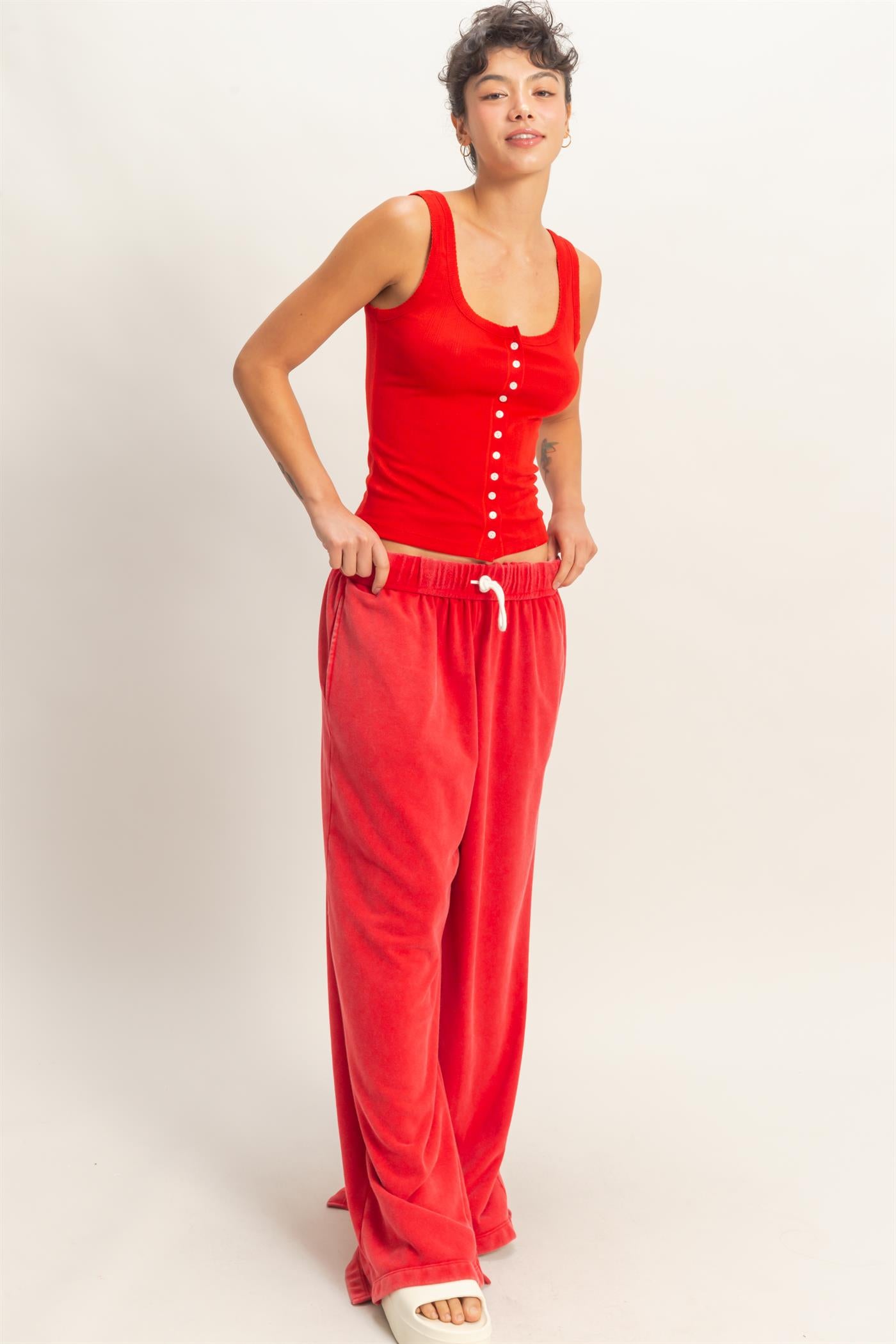 Wholesale Pointelle Button Front Scoop Neck Tank Top Tank Tops DZ26A775 RED DOUBLE ZERO