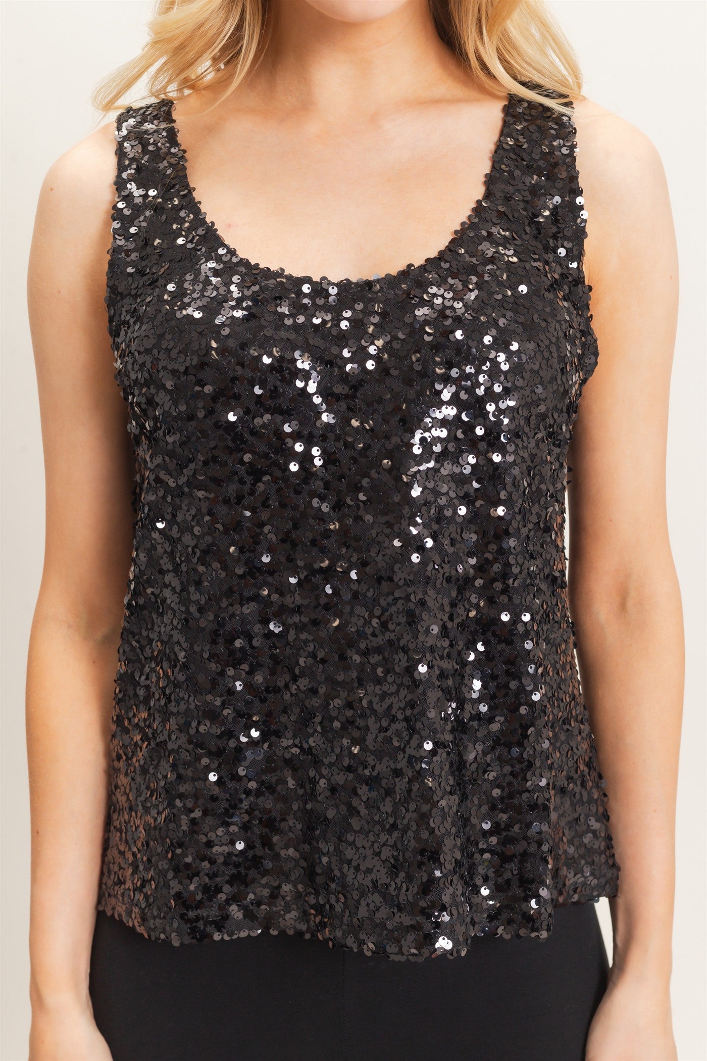 Wholesale Sequin Scoop Neck Tank Tank Tops HF26E097 BLACK HYFVE