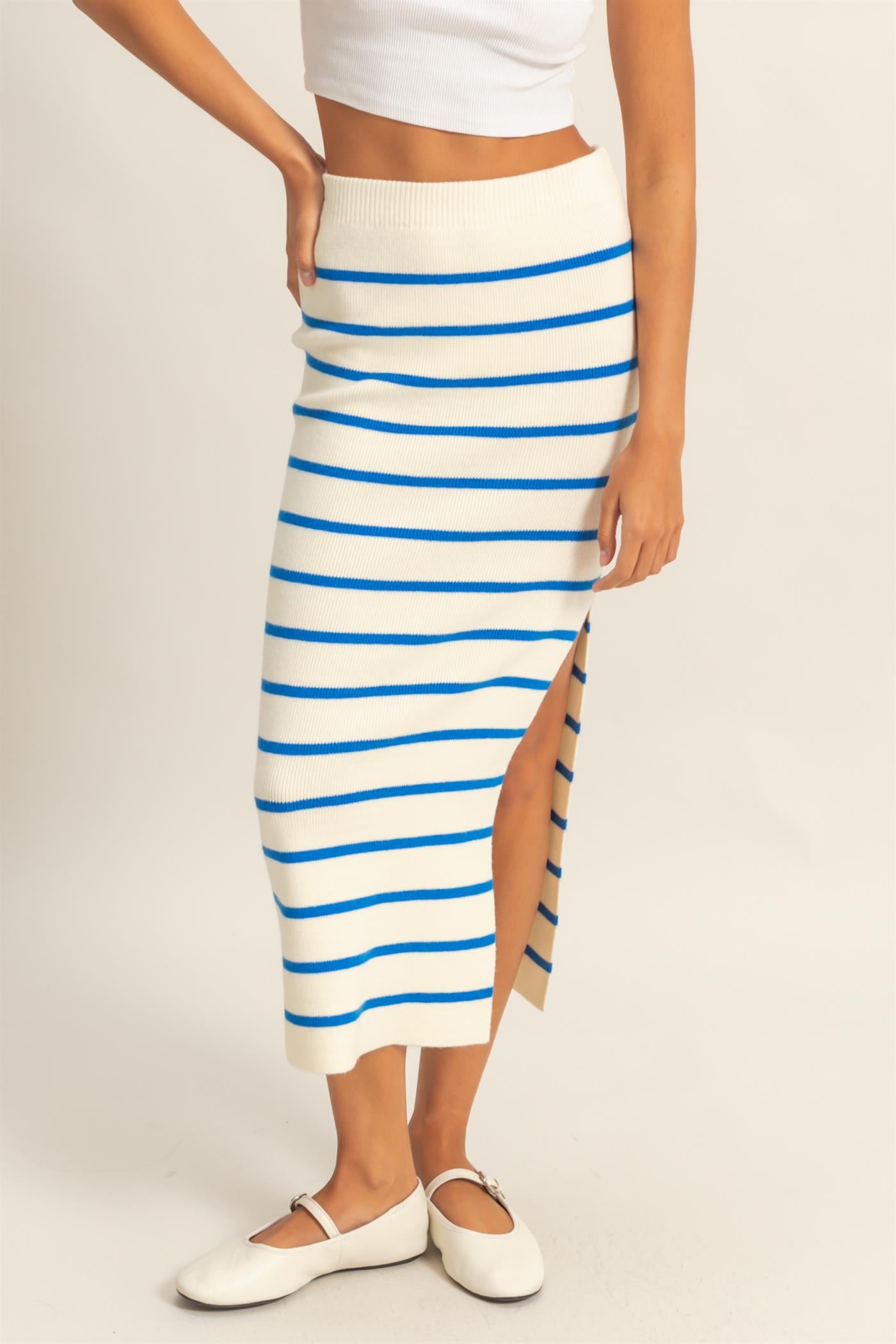 Wholesale Striped High Waist Bodycon Sweater Skirt Skirts DZ25A637 BLUE/CREAM DOUBLE ZERO