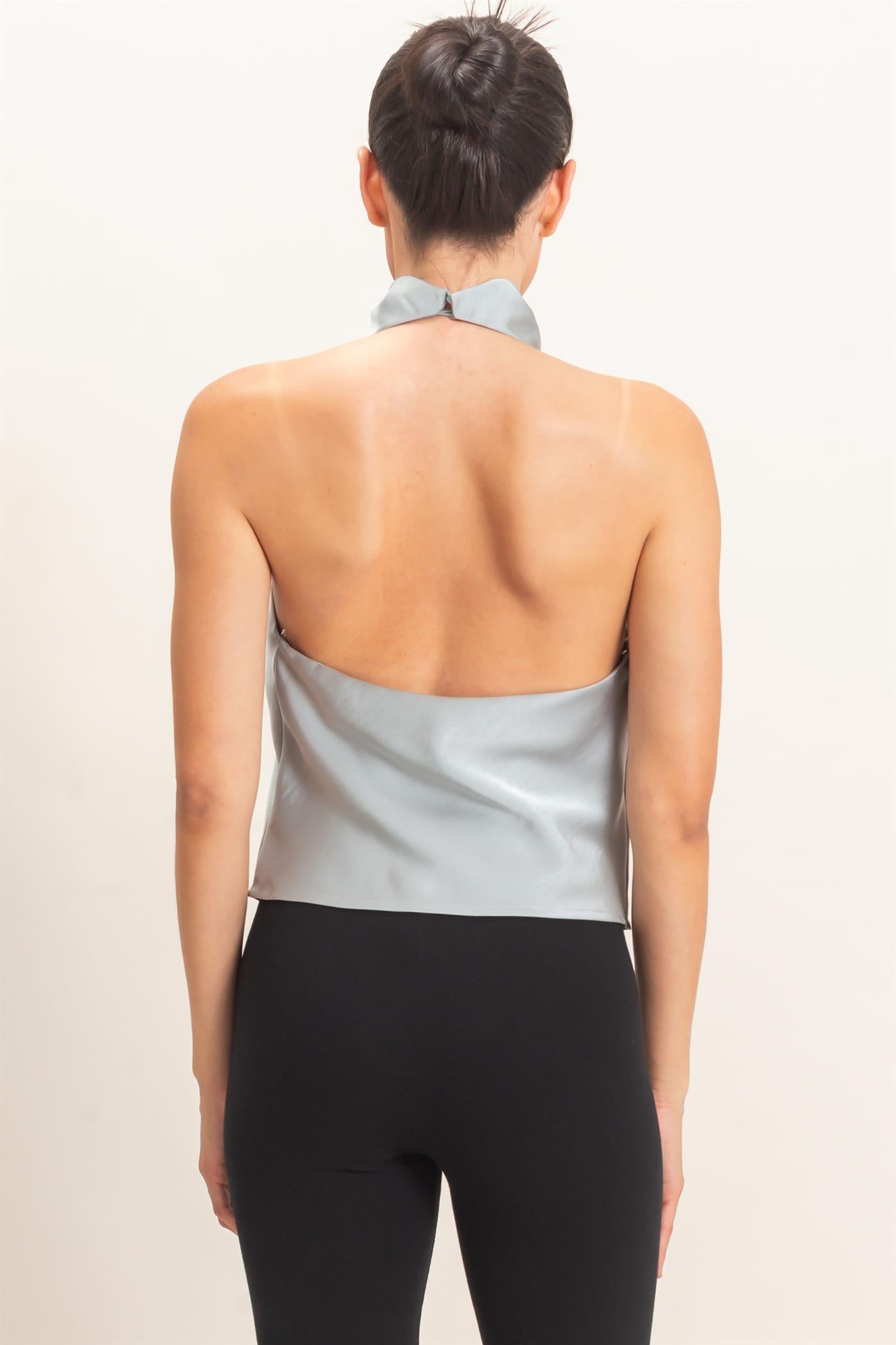 Wholesale Draped Halter Satin Top Blouses HF26E632 MISTY BLUE HYFVE