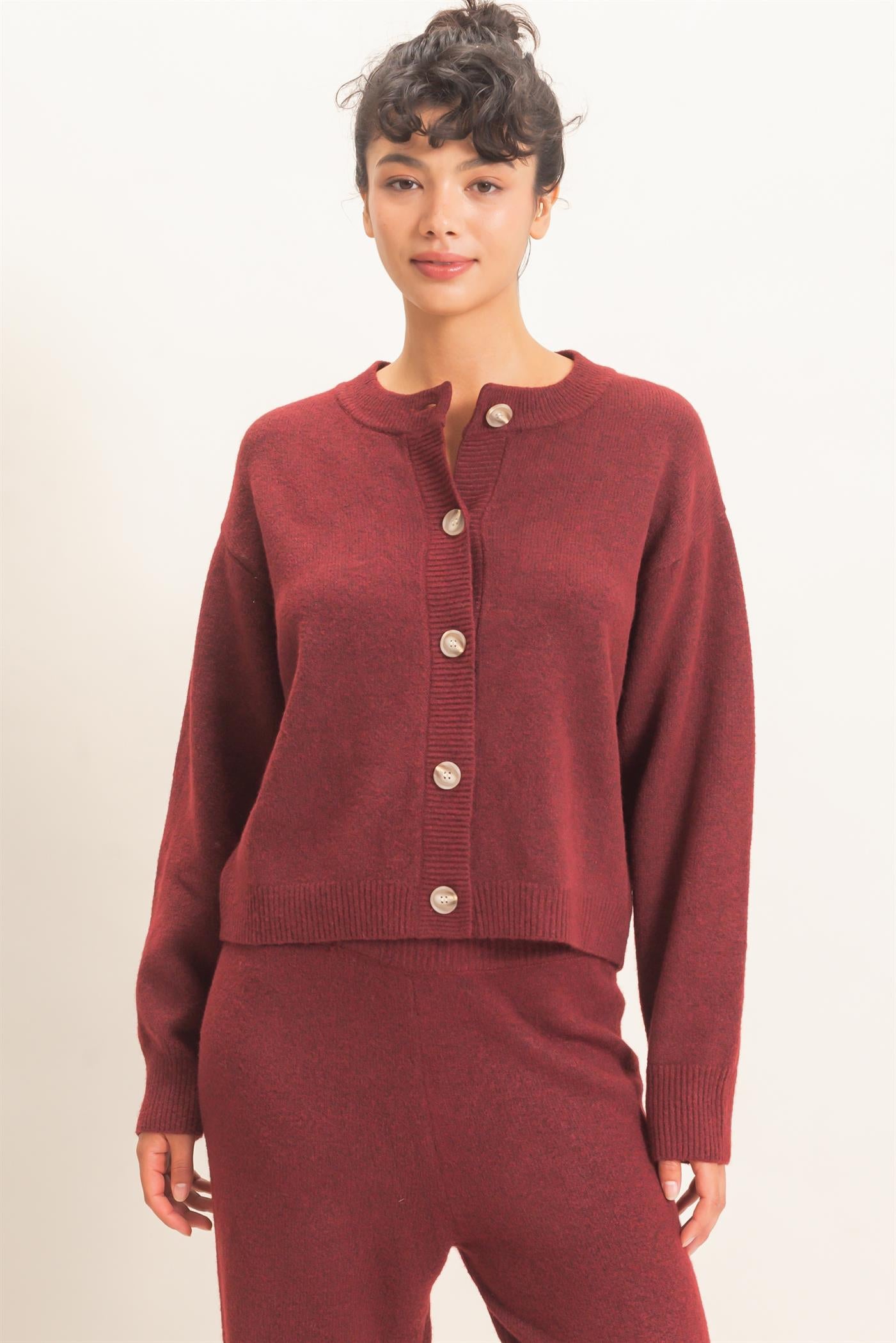 Wholesale Crew Neck Button Front Cardigan Cardigans DZ26E639 BURGUNDY DOUBLE ZERO