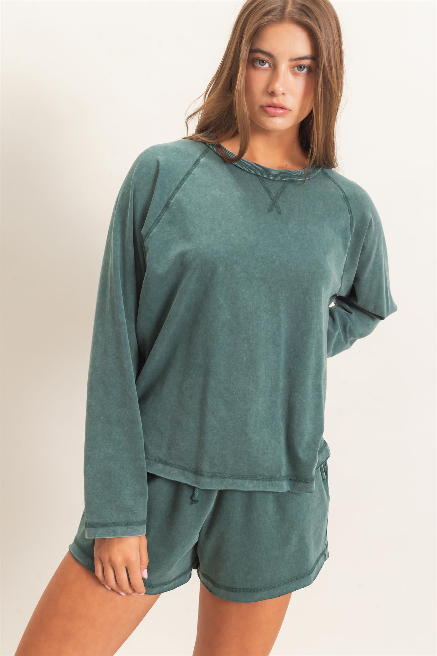 Wholesale Mineral Wash Long Sleeve Raw Edge Top & Shorts Set Clothing DZ26F403-SET DARK GREEN DOUBLE ZERO
