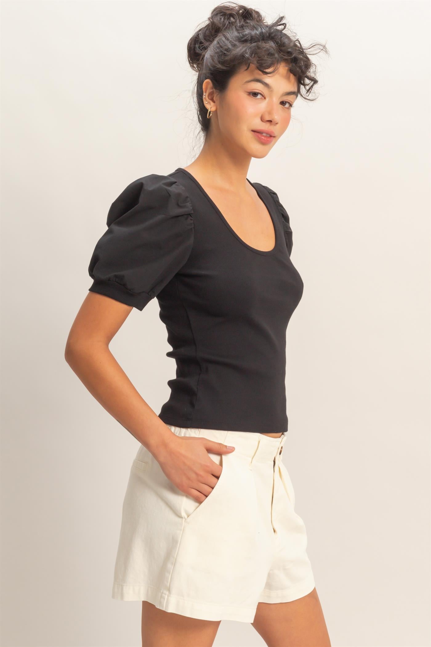Wholesale Ribbed Puff Sleeve Scoop Neck Top Clothing Tops DZ26C071 BLACK DOUBLE ZERO