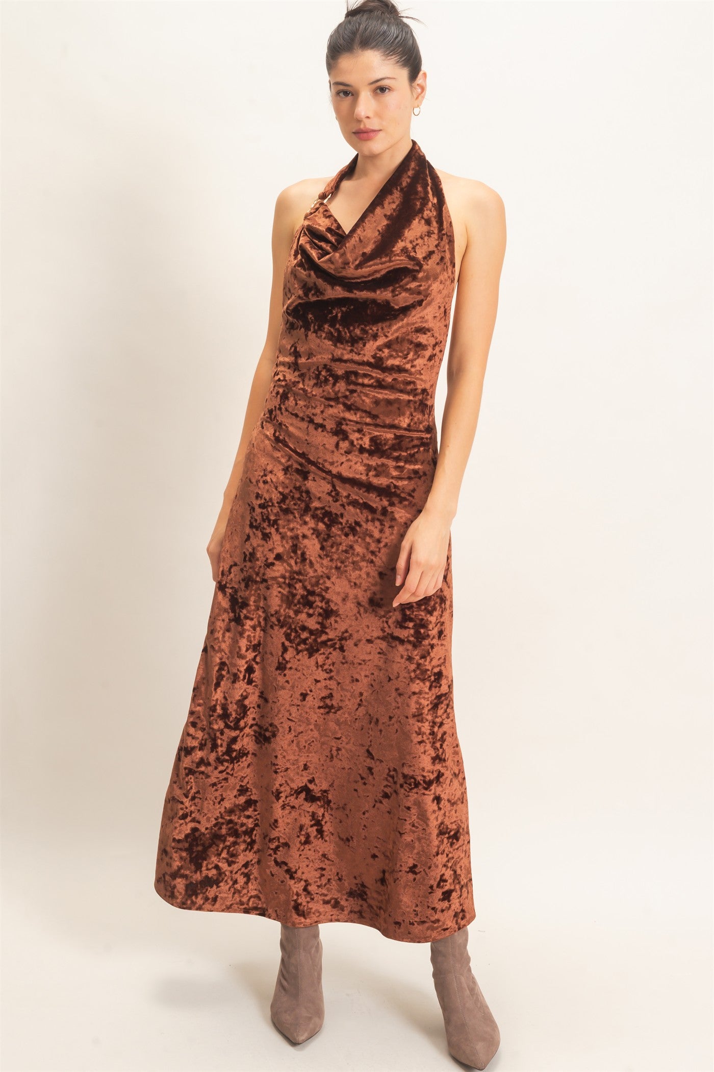 Wholesale Velvet Cowl Neck Halter Dress Dresses HF26F178 CHOCOLATE HYFVE