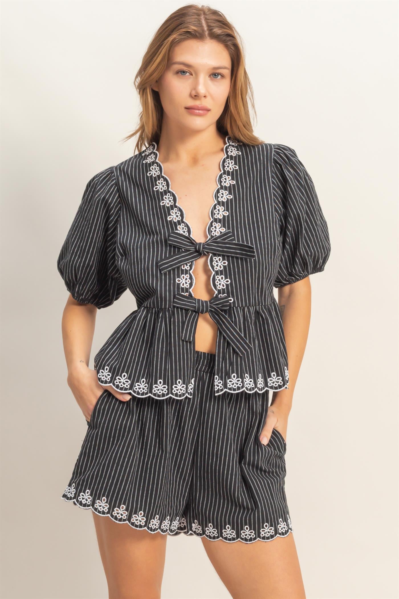 Wholesale Striped Tie-Front Embroidered Peplum Top Clothing Tops HF26C145 BLACK HYFVE