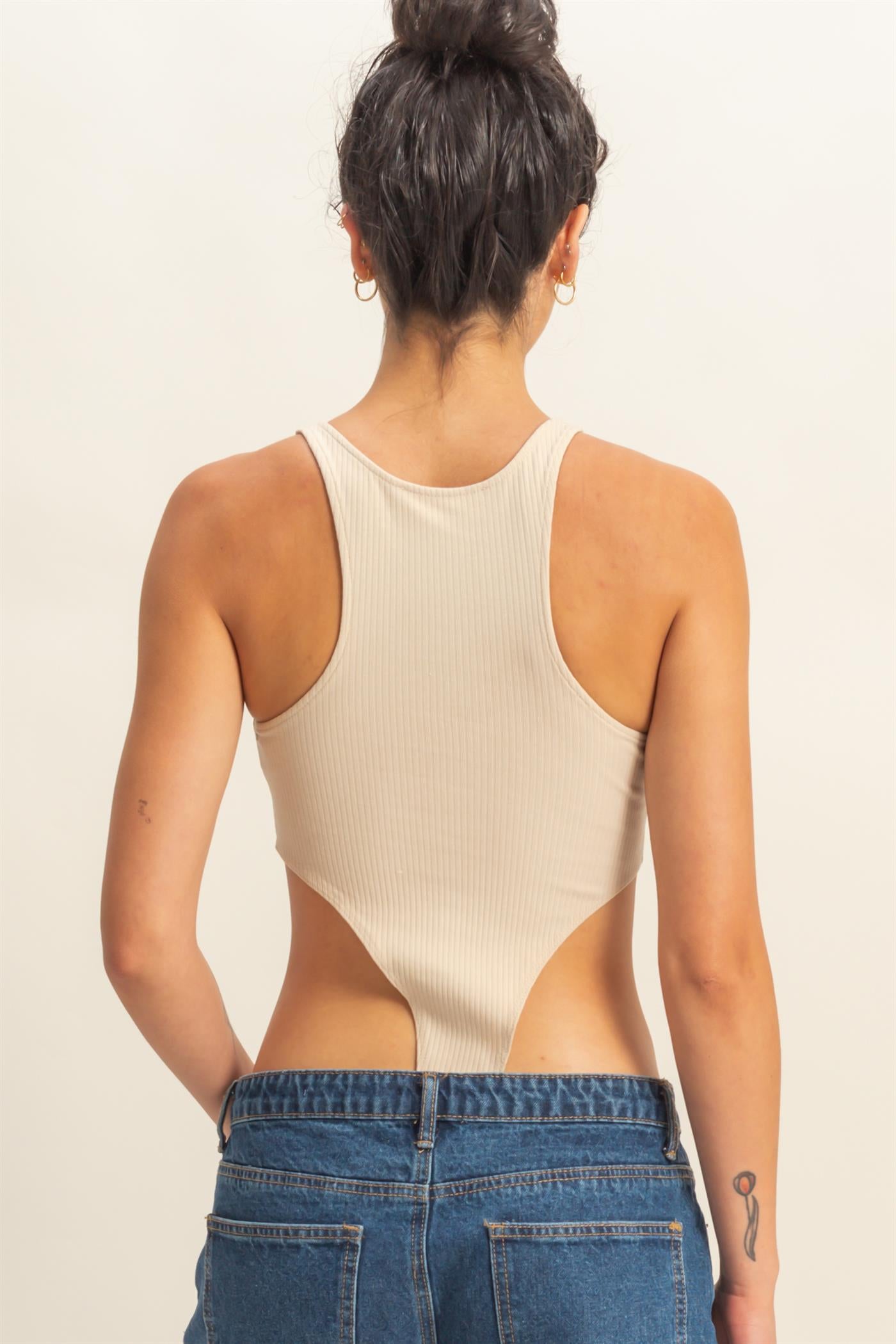 Wholesale High Cut Bodysuit Clothing Tops DZ22E146 KHAKI DOUBLE ZERO