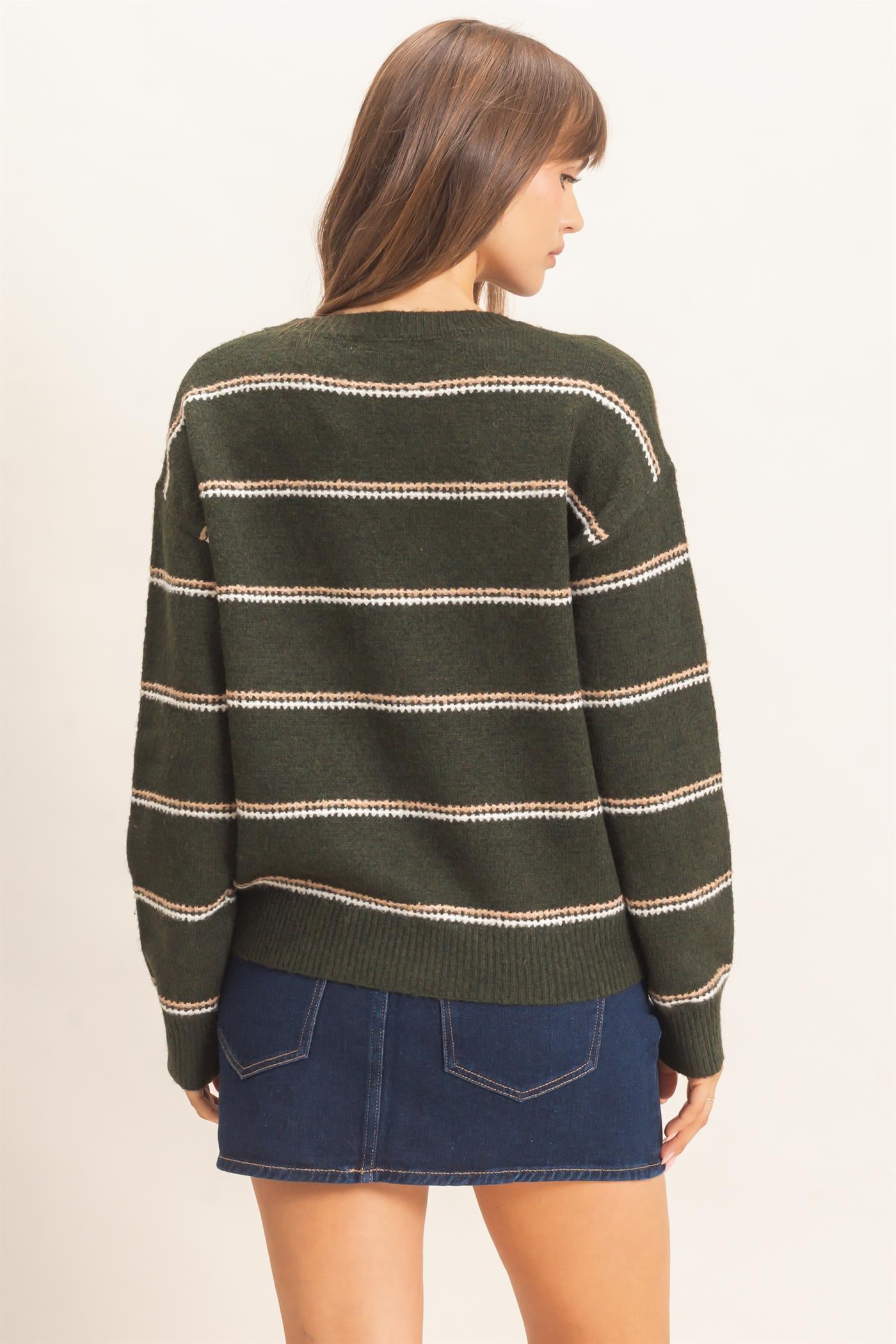 Wholesale Striped Crew Neck Sweater Sweaters HF26E696-D DARK OLIVE HYFVE