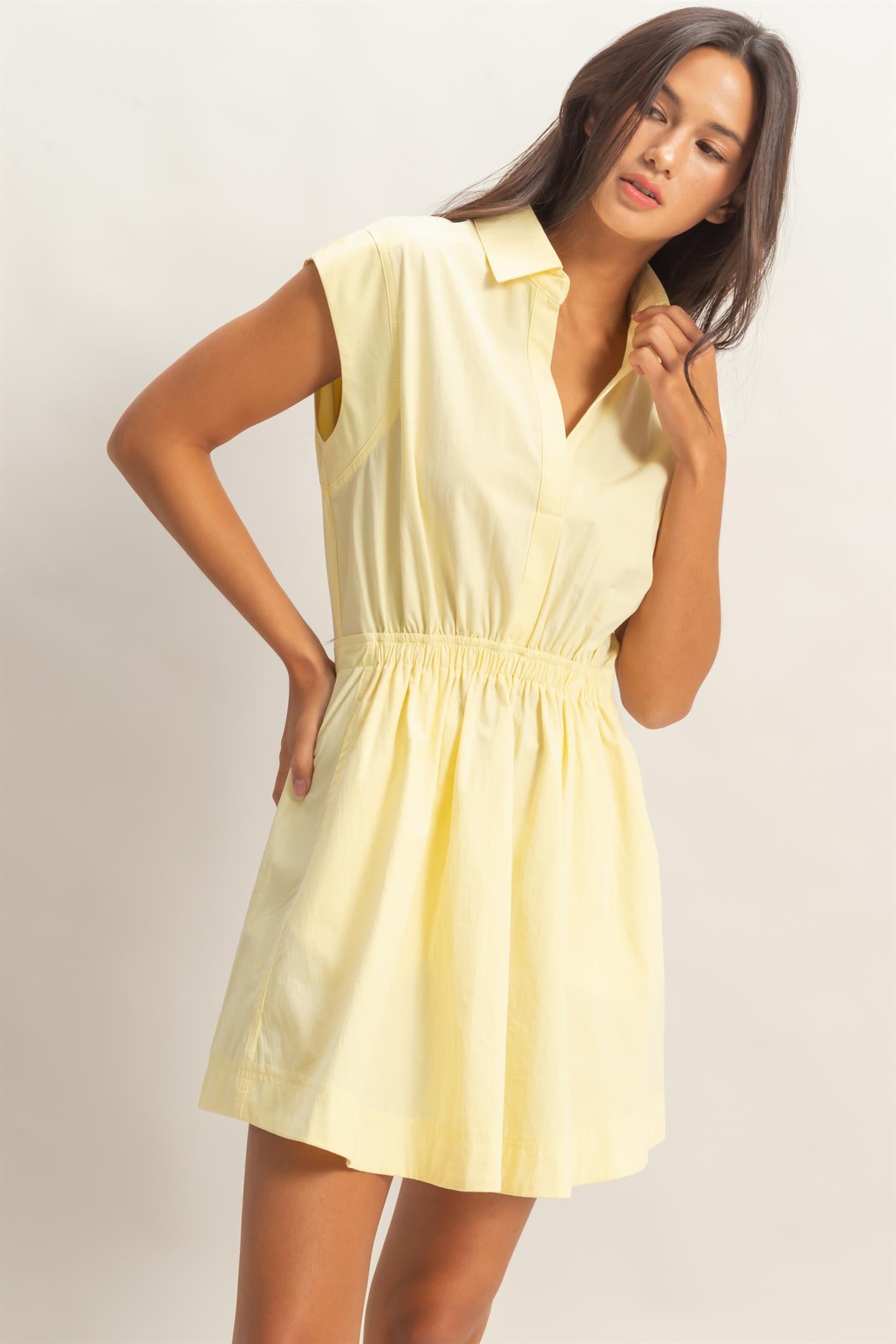 Wholesale Sleeveless Collared Shirred Mini Dress Dresses DZ26A751 PALE YELLOW DOUBLE ZERO