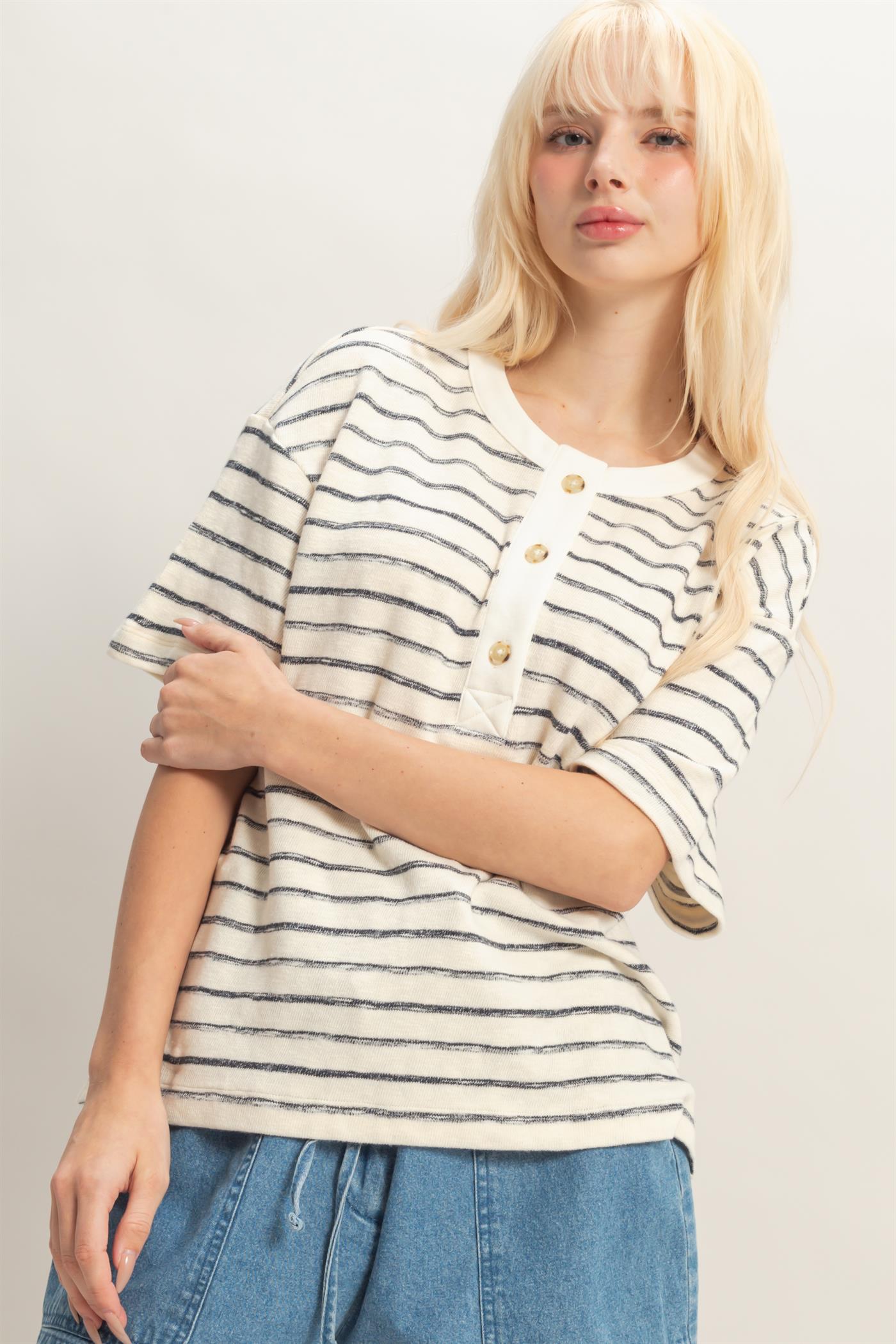 Wholesale Striped Short Sleeve Henley Top Clothing Tops DZ26A653 BLACK DOUBLE ZERO