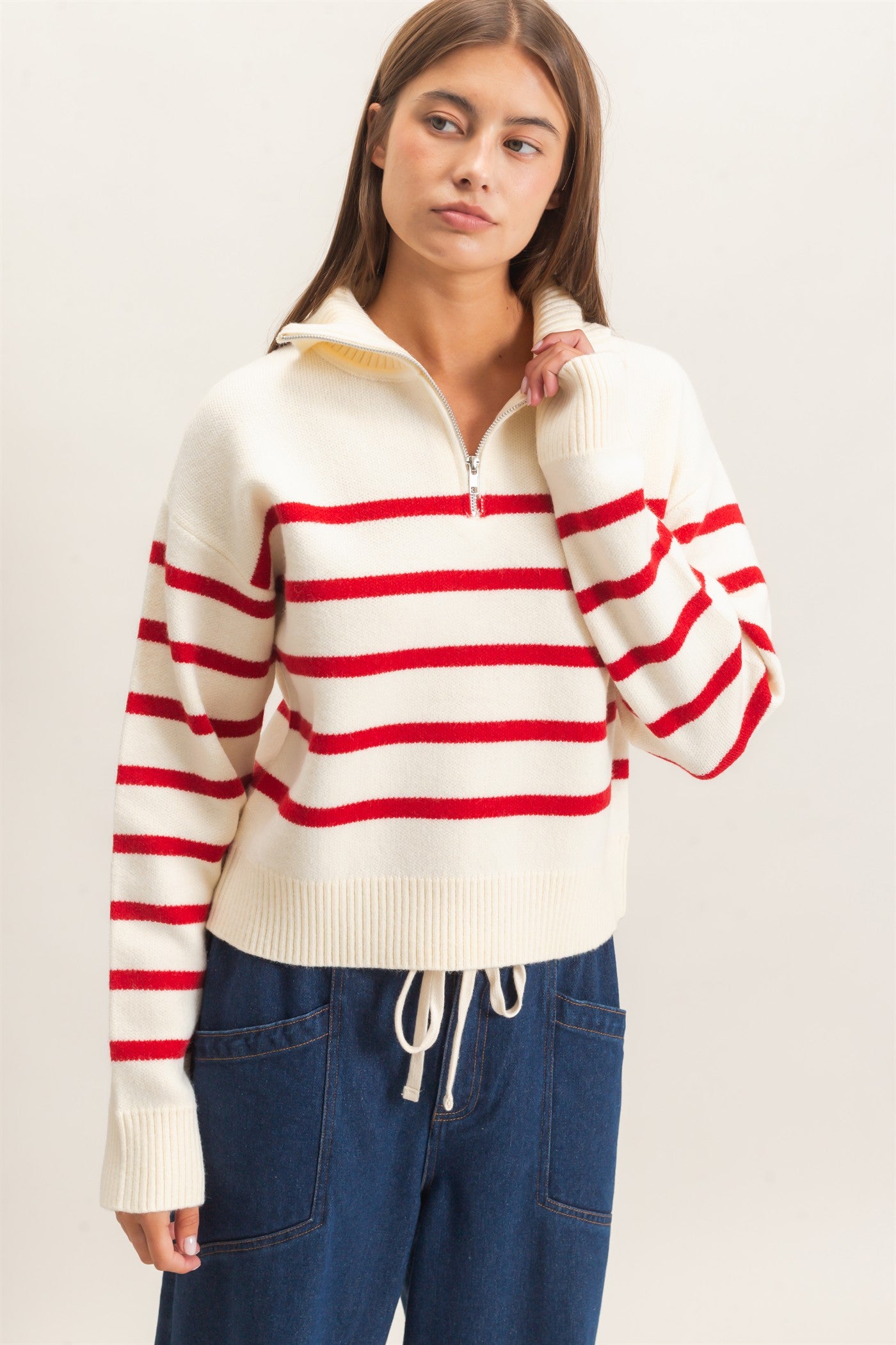 Wholesale Half-Zip Collared Stripe Sweater Sweaters DZ26E950 RED DOUBLE ZERO