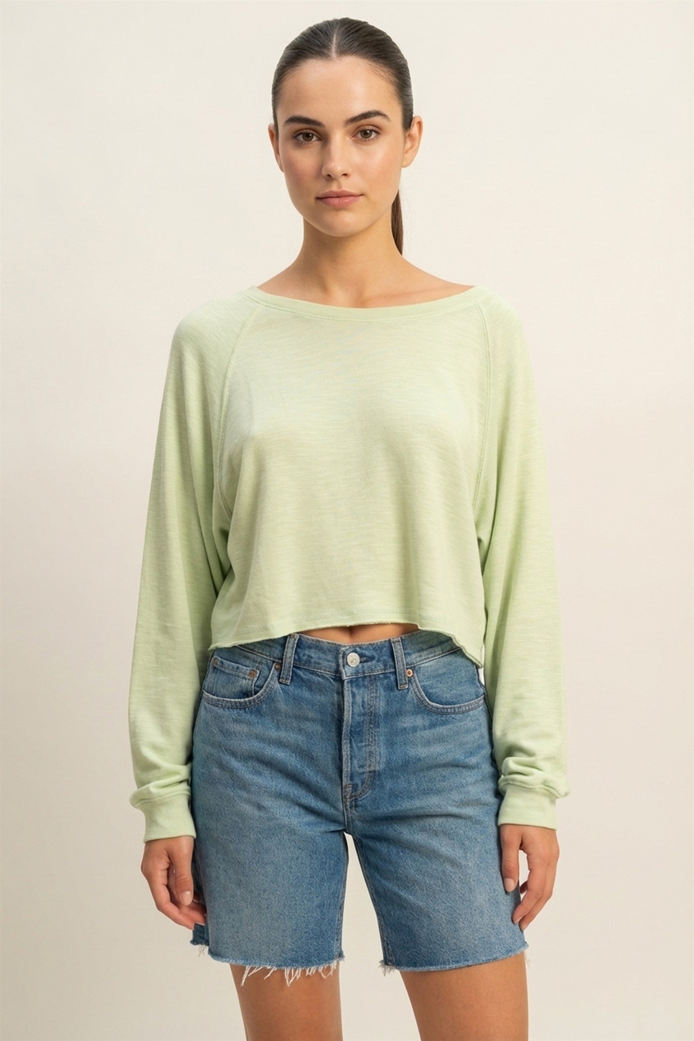 Wholesale Long Sleeve Round Neck Top Clothing Tops DZ22E691 PASTEL GREEN DOUBLE ZERO