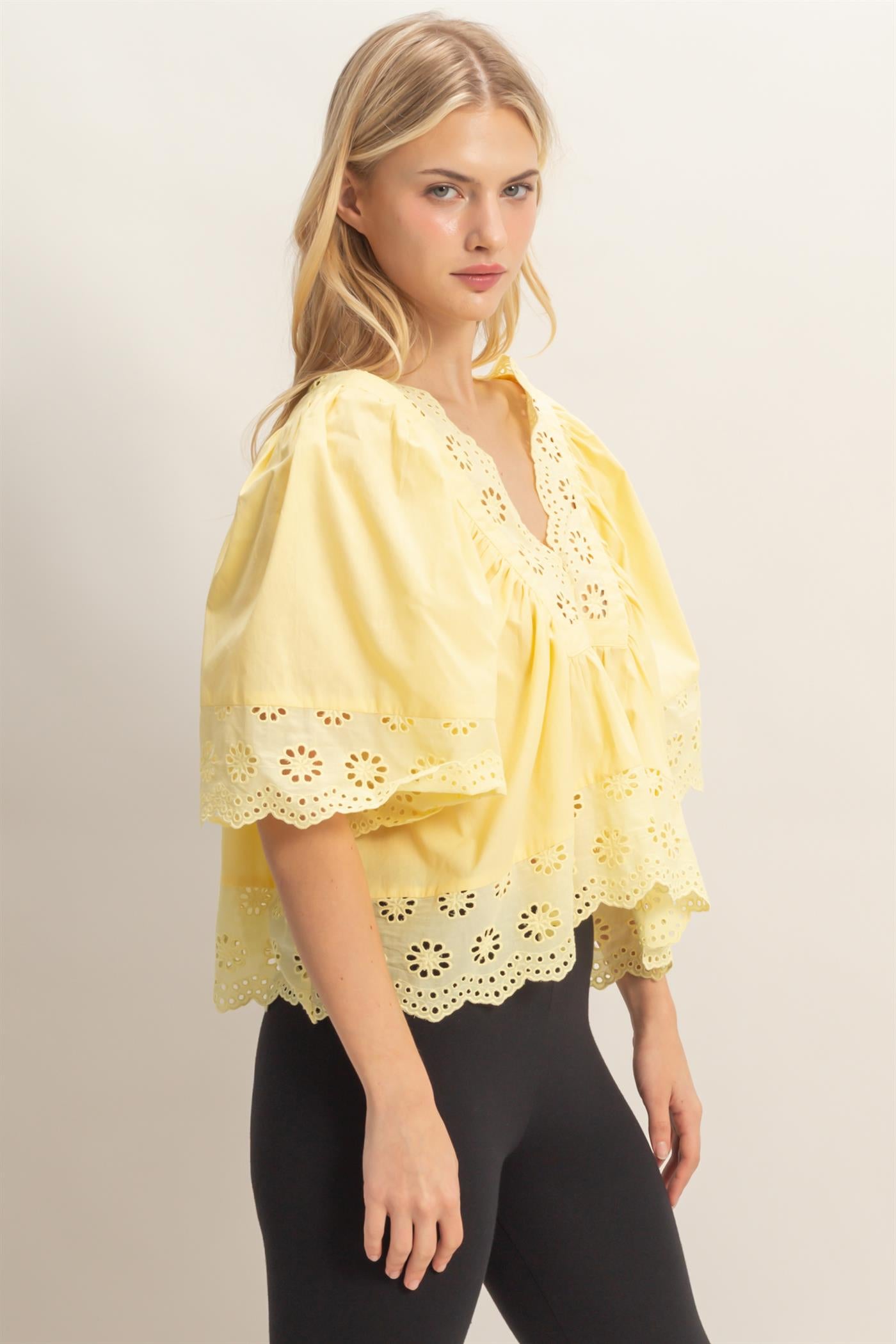 Wholesale Scalloped Eyelet Babydoll Top Clothing Tops HF26C293 YELLOW HYFVE