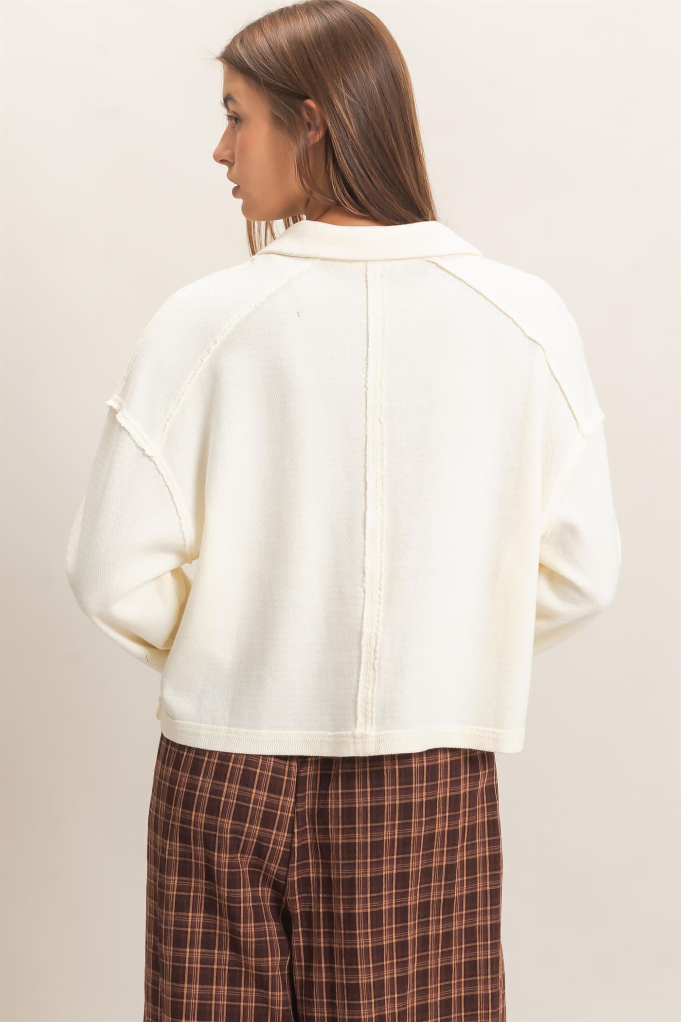 Wholesale Mineral Wash Textured Collar Top Polos DZ26E814 CREAM DOUBLE ZERO