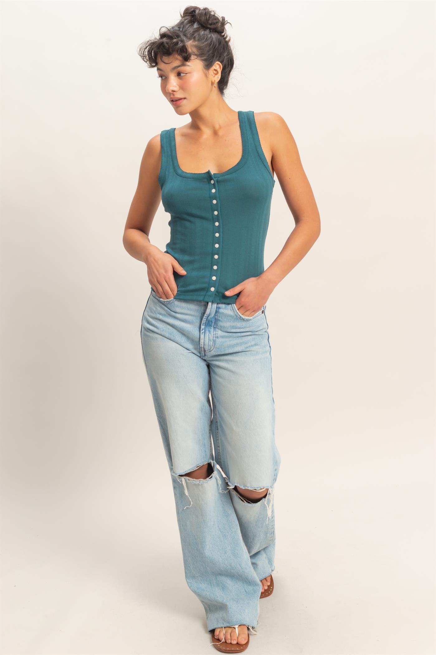 Wholesale Pointelle Button Front Scoop Neck Tank Top Tank Tops DZ26A775 DARK TEAL DOUBLE ZERO