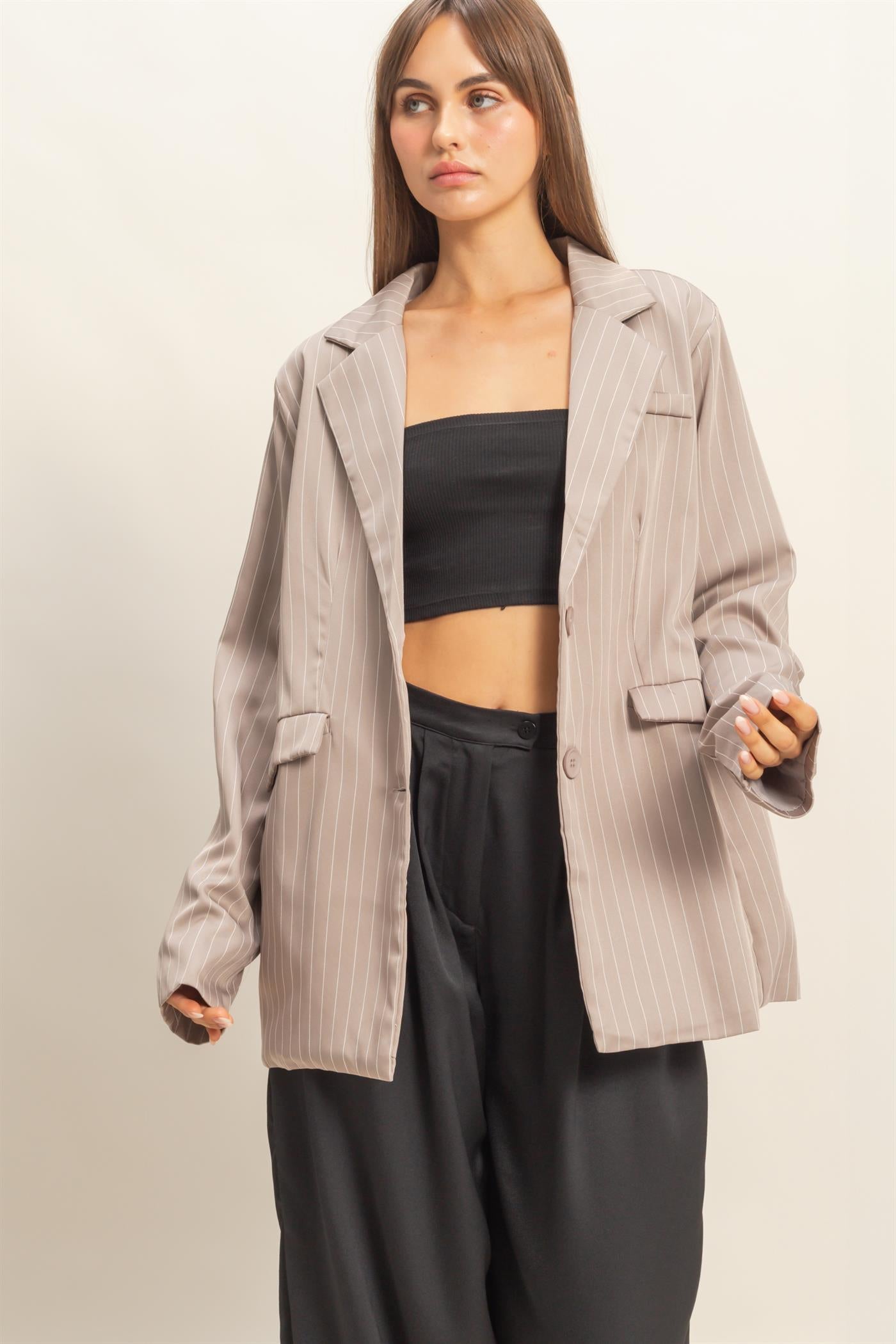Wholesale Pin Stripe Oversized Blazer Coats & Jackets HF24A247 WARM TAUPE HYFVE