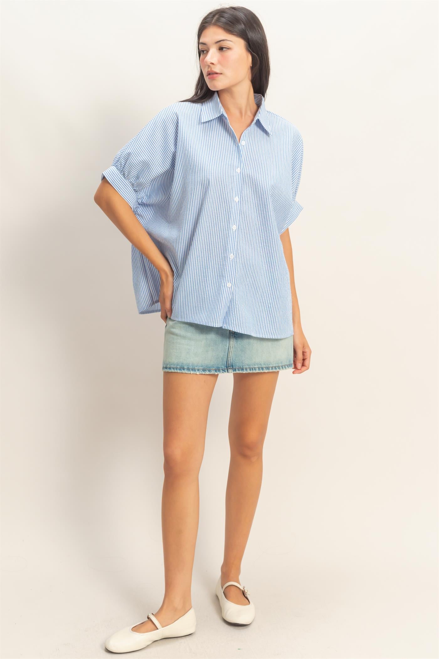 Wholesale Striped Short Sleeve Button-Front Blouse T-Shirts DZ26C276 BLUE DOUBLE ZERO