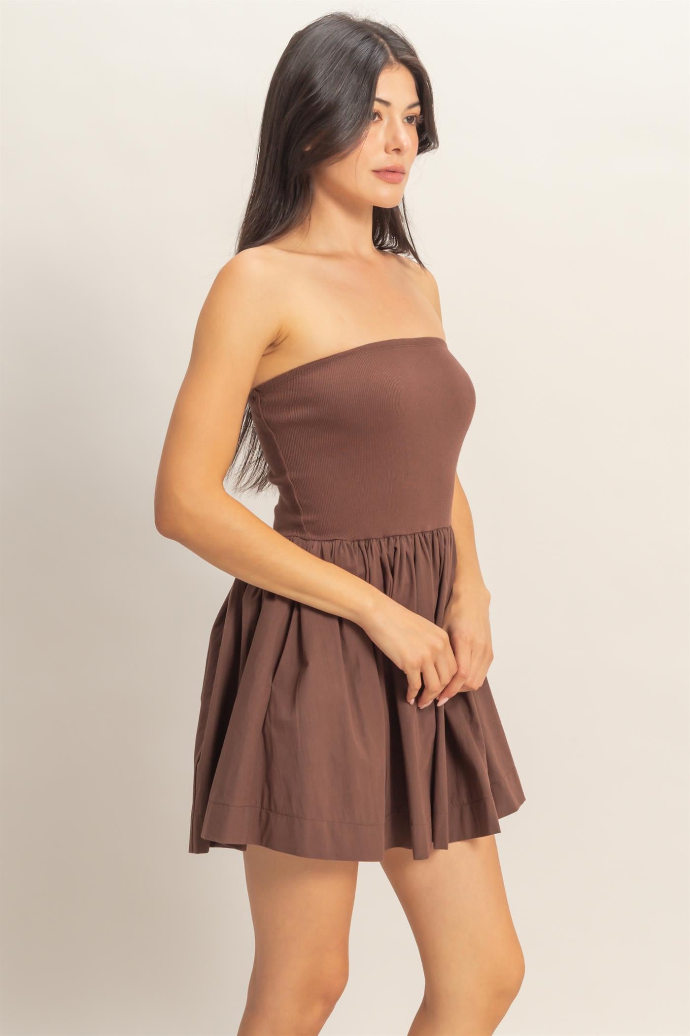 Wholesale Strapless Flowy Mini Dress Dresses DZ26C043 CHOCOLATE DOUBLE ZERO