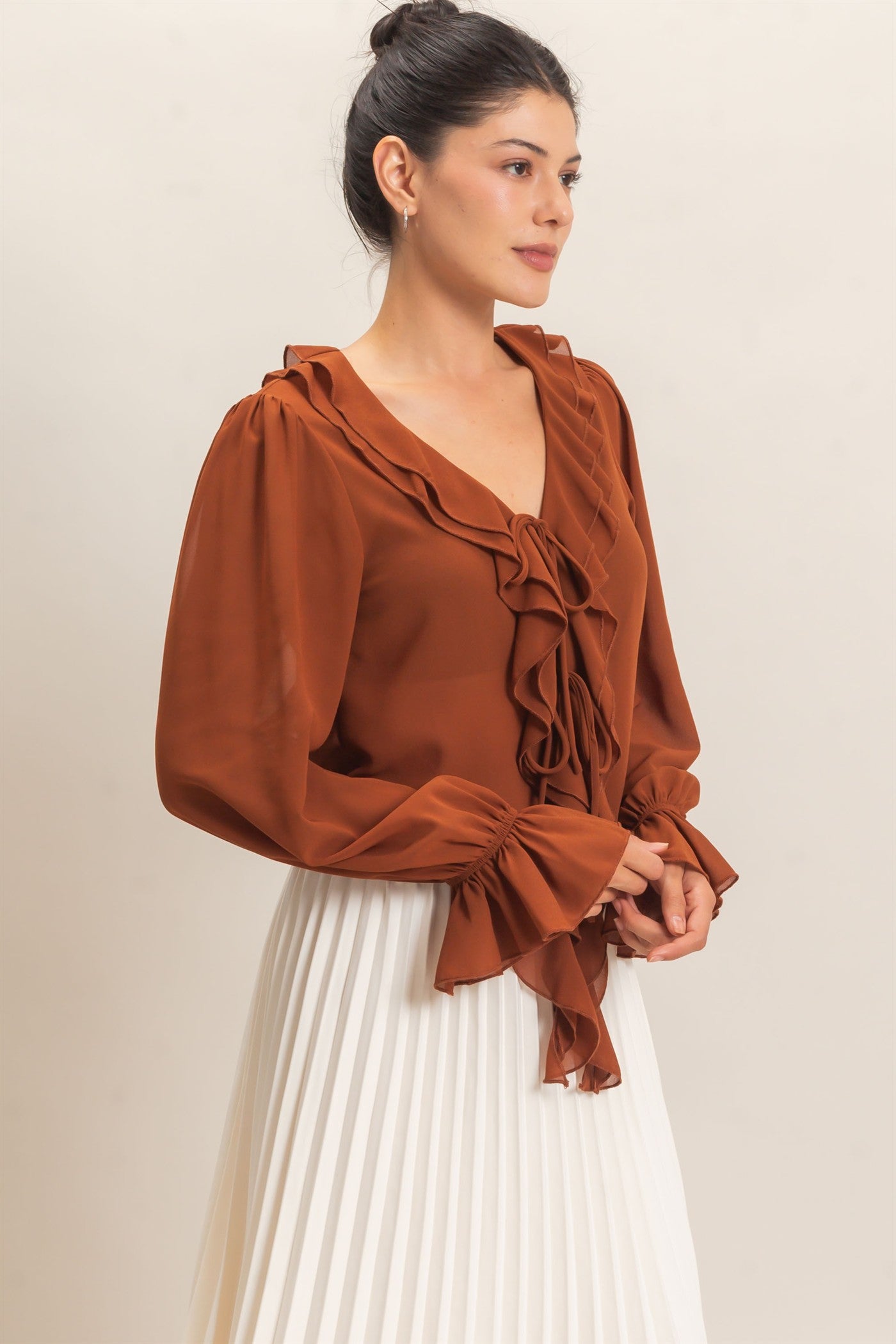 Wholesale Ruffled V-Neck Blouse Blouses HF26F066 CAMEL HYFVE