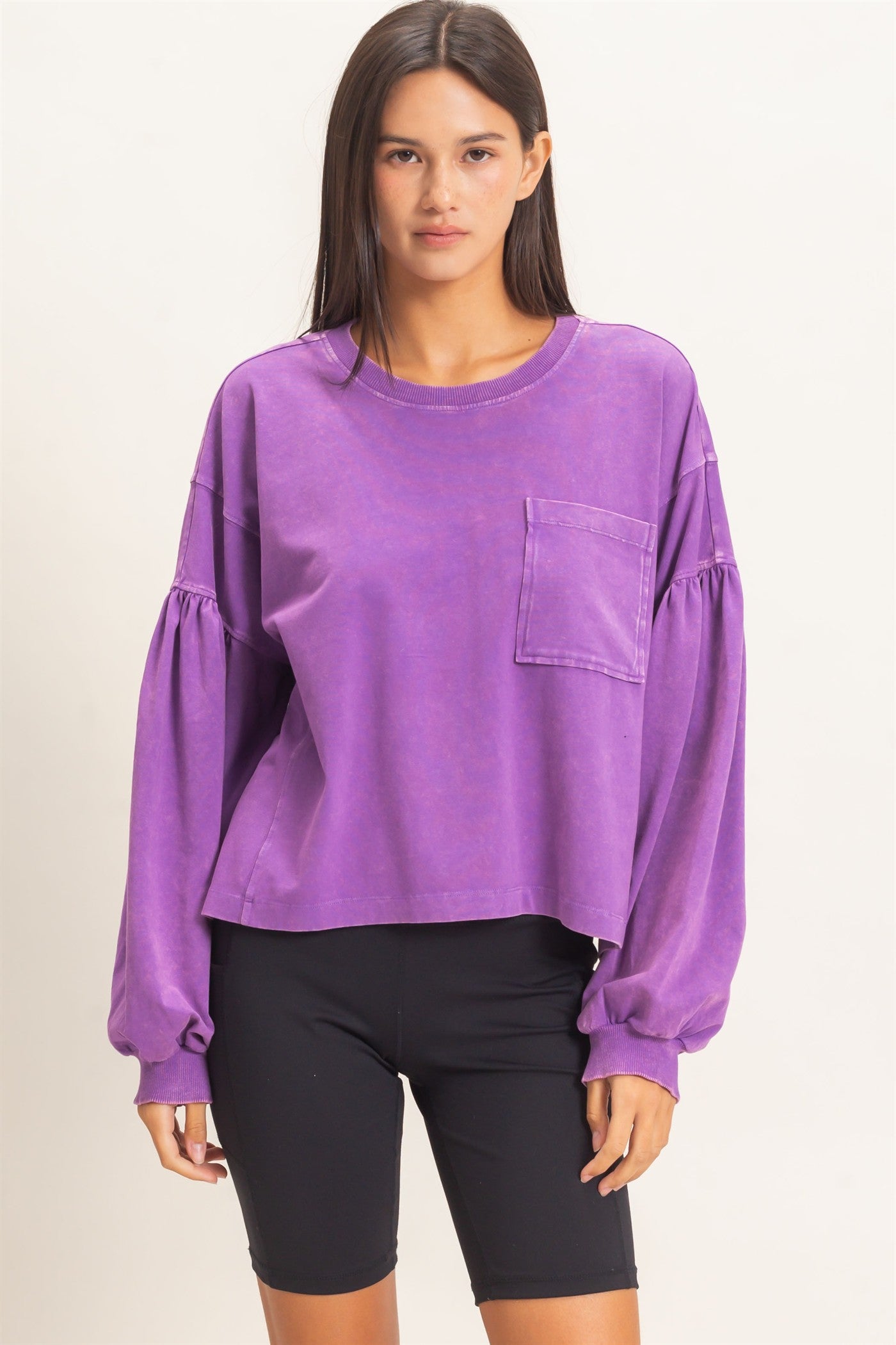 Wholesale Mineral Wash Puff Long Sleeve Boxy Top Clothing Tops DZ26F402 PLUM DOUBLE ZERO