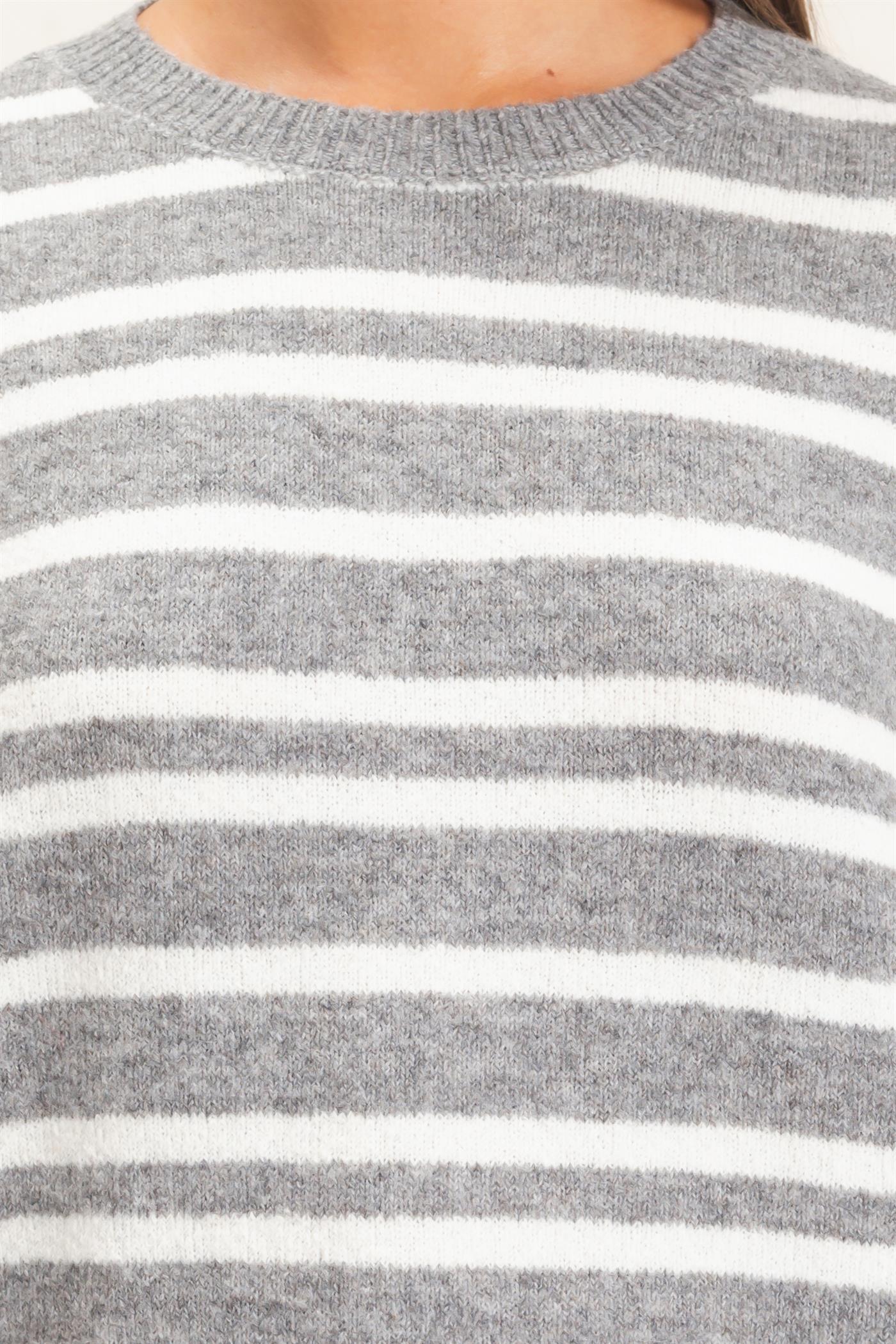 Wholesale Striped Crew Neck Sweater Sweaters DZ26E389 HEATHER GRAY DOUBLE ZERO