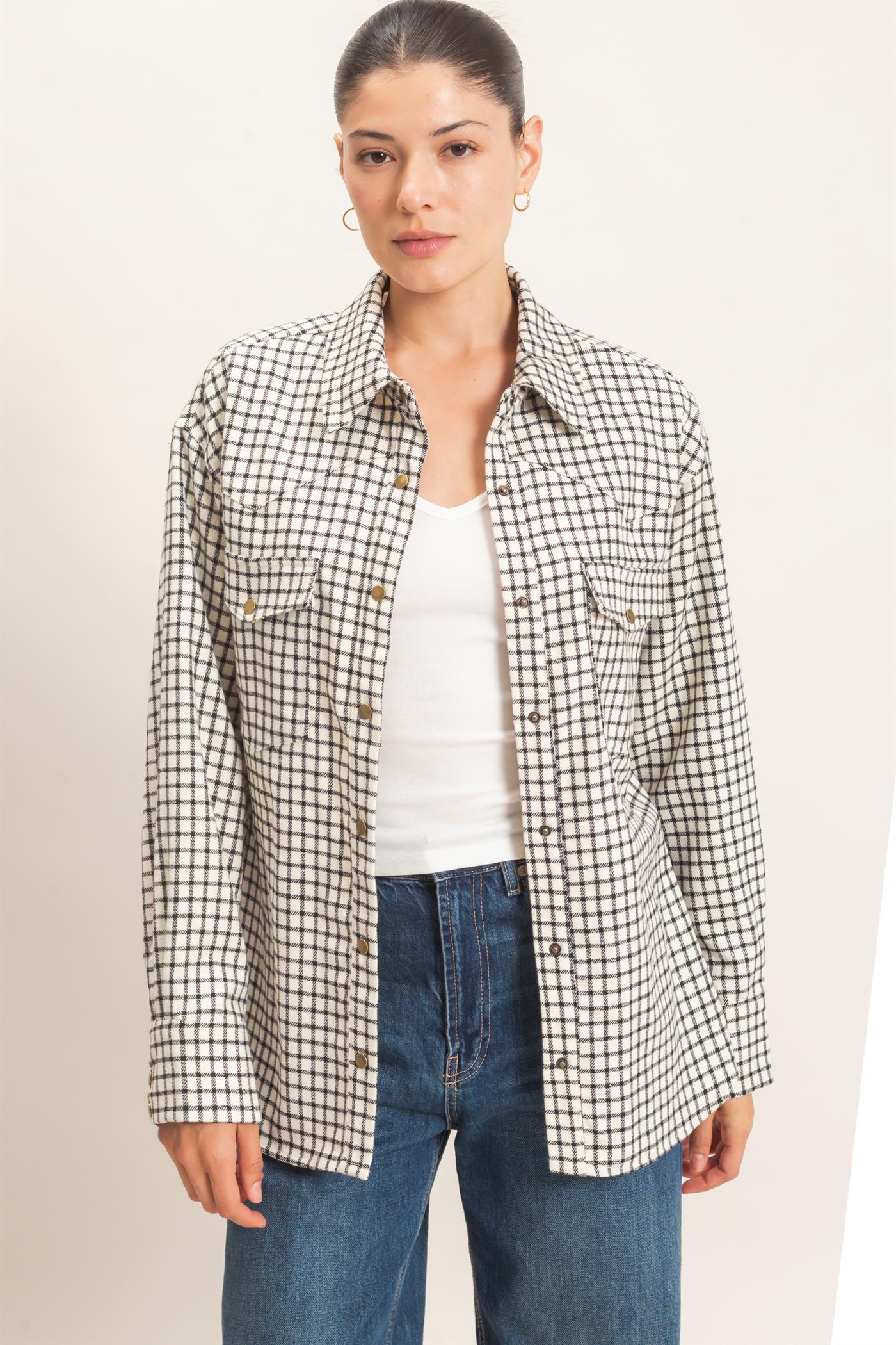 Wholesale Plaid Button-Up Shirt Clothing Tops HF25F450 WHITE HYFVE