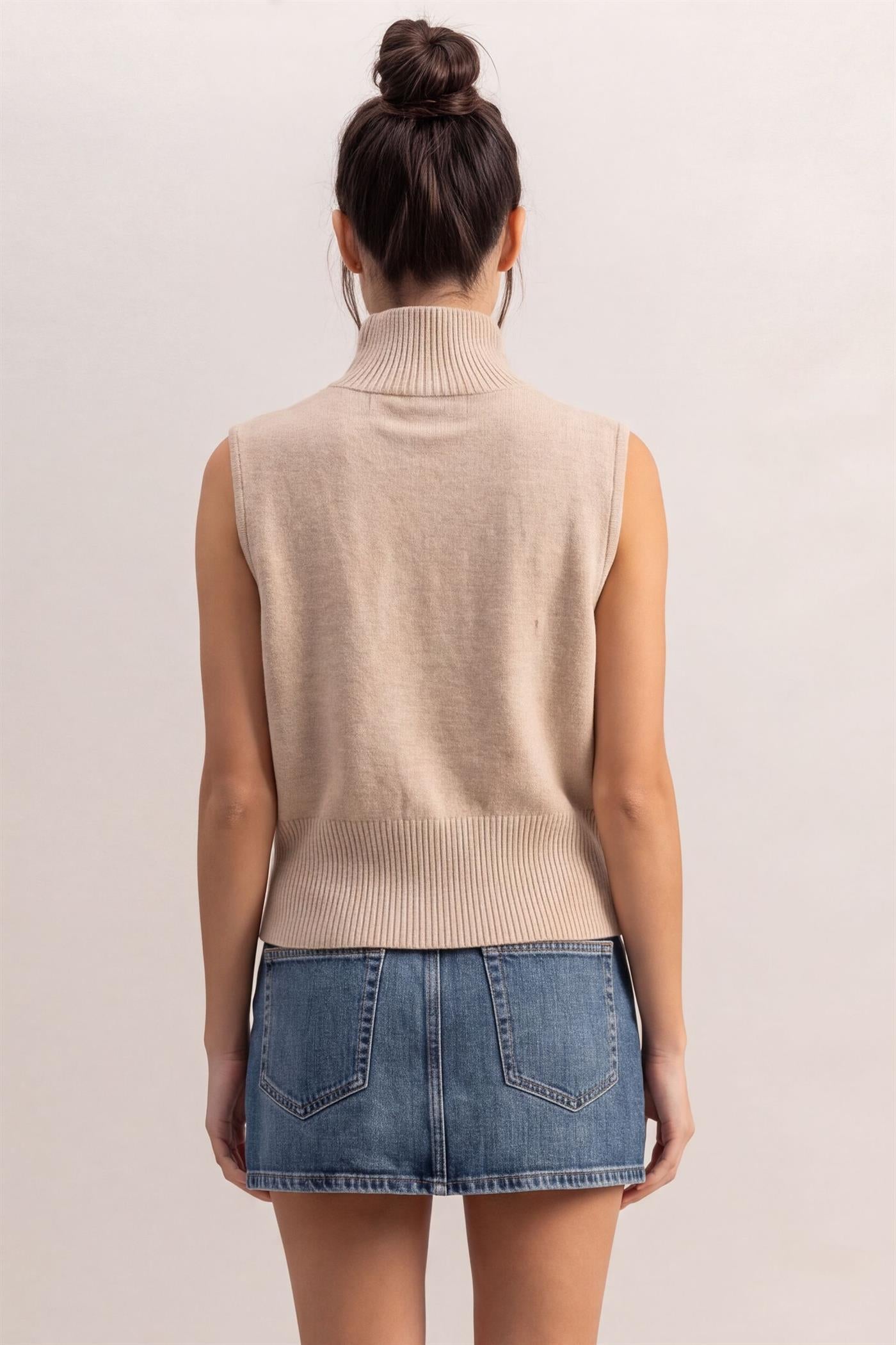 Wholesale Sleeveless High Neck Knit Top Clothing Tops DZ26E946 TAUPE DOUBLE ZERO