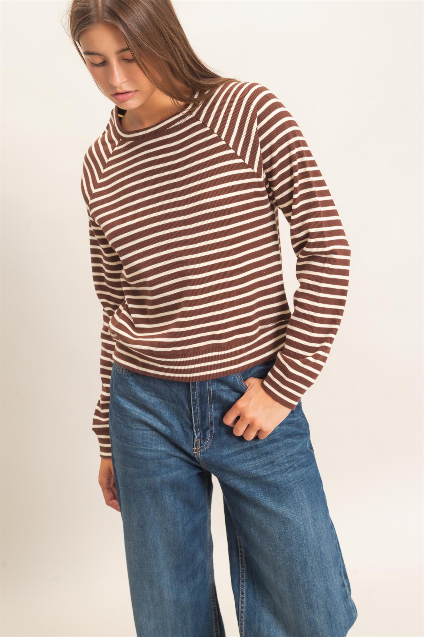 Wholesale Striped Waffle Knit Raglan Top Clothing Tops DZ26E450 DARK BROWN DOUBLE ZERO