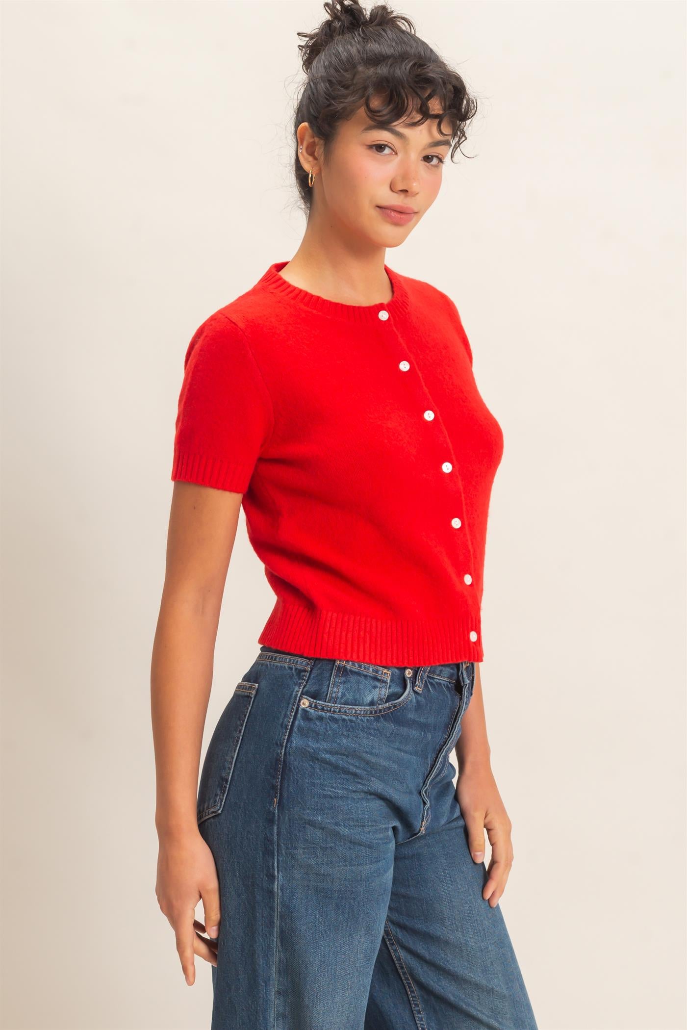 Wholesale Crew Neck Short Sleeve Cardigan Cardigans DZ26E108 RED DOUBLE ZERO