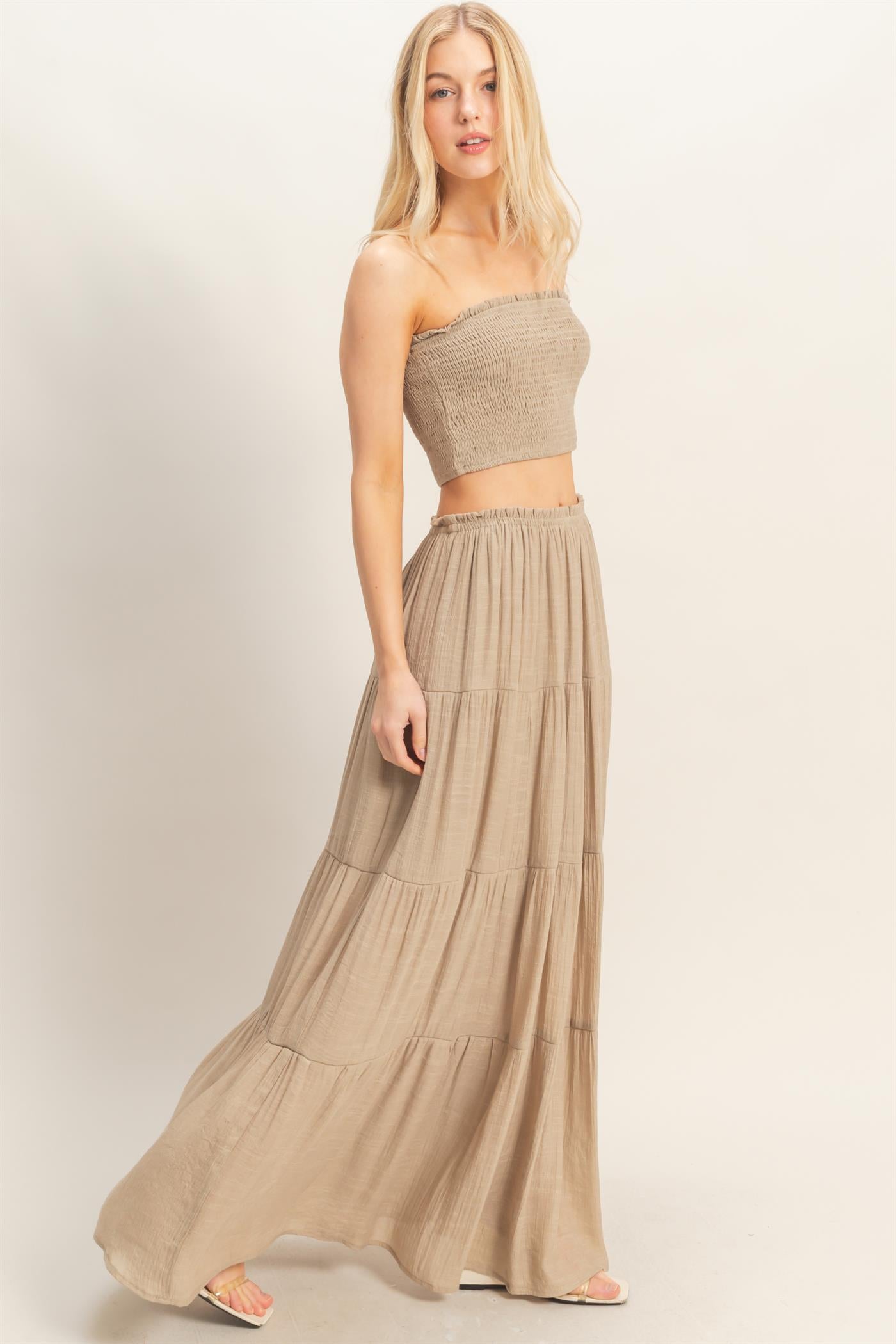 Wholesale Smocked Tube Top & Tiered Skirt Set Clothing HF26C289-SET-D TAUPE HYFVE