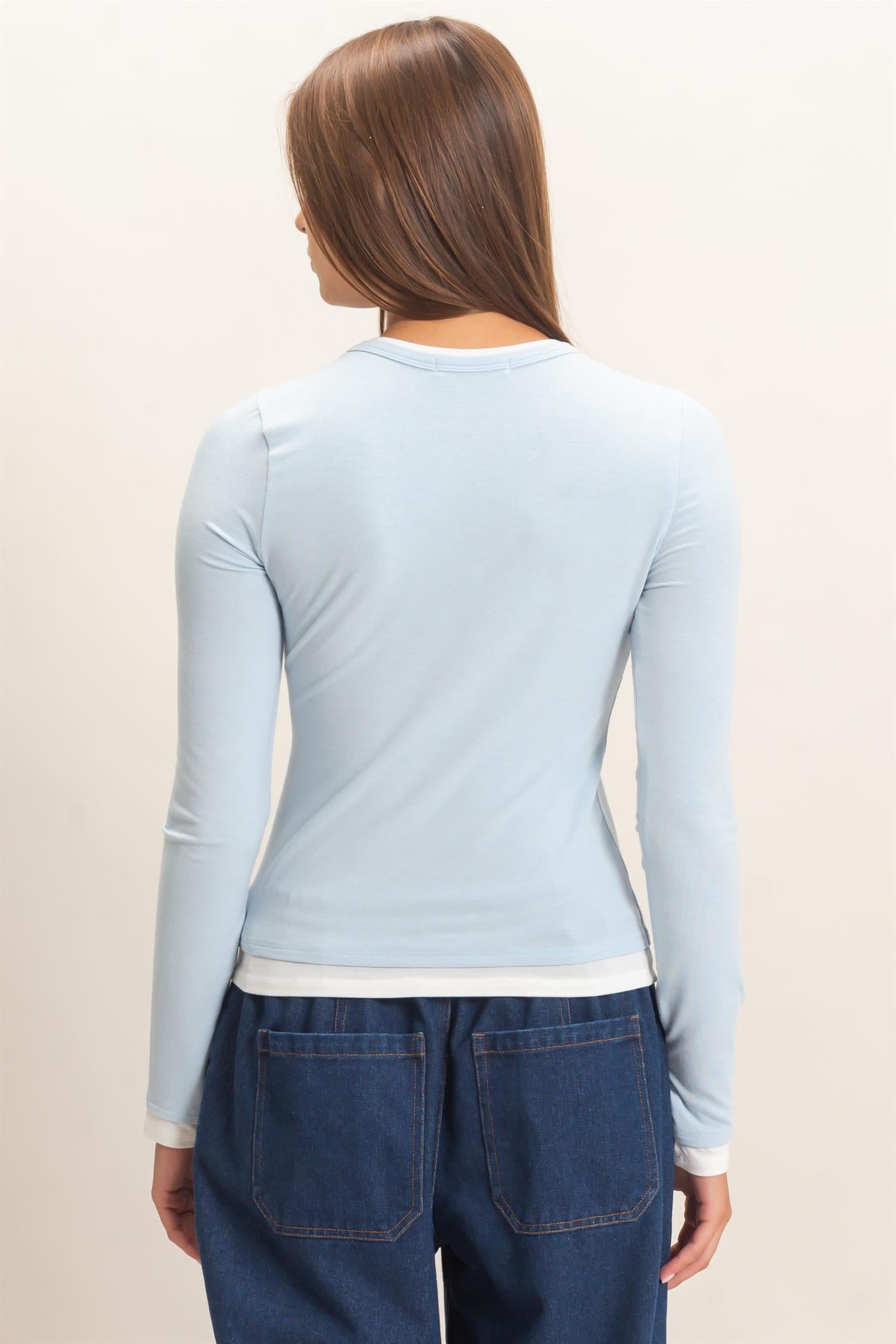 Wholesale Layered Effect Long Sleeve Top Clothing Tops DZ26F341 ICE BLUE DOUBLE ZERO