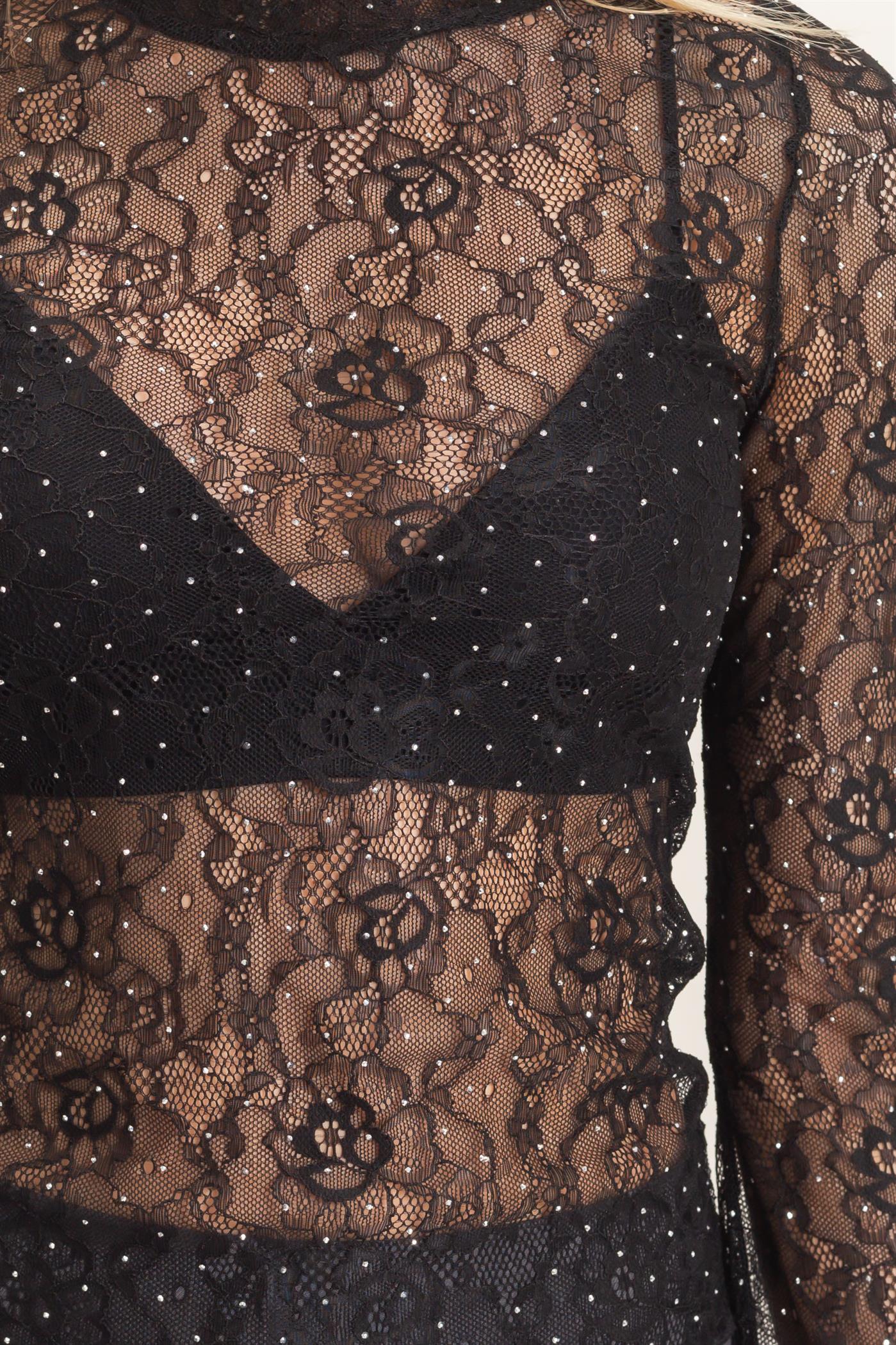 Wholesale Sheer Lace Gem-Embellished Top Clothing Tops HF26F055 BLACK HYFVE