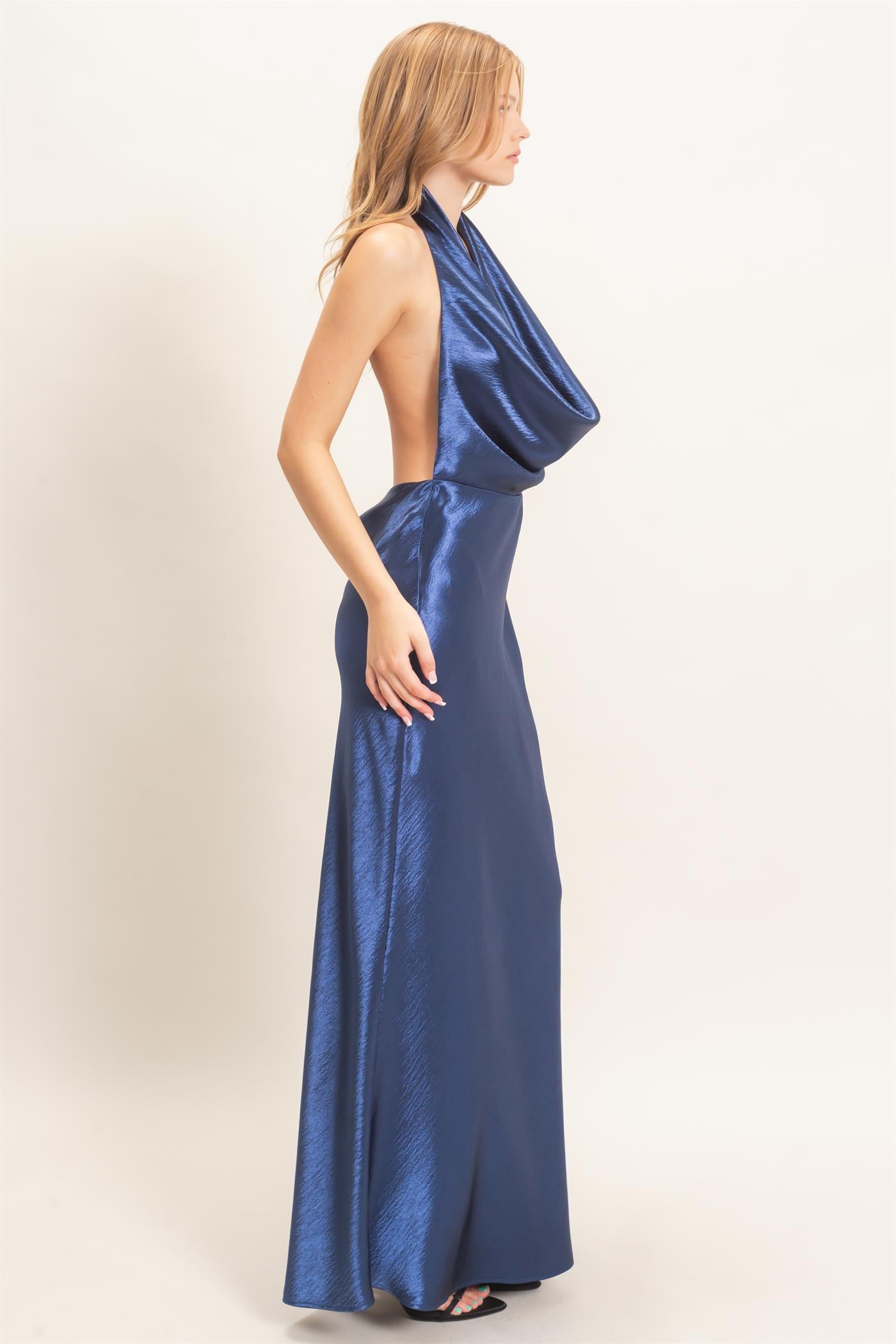 Wholesale Satin Cowl Neck Maxi Dress Dresses HF26F216-D NAVY HYFVE