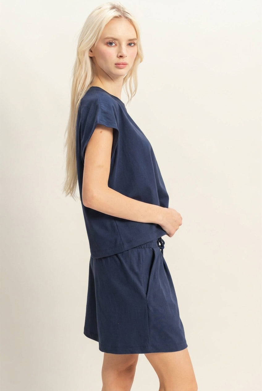 Wholesale Cap Sleeve Boxy Top And Shorts Set Clothing DZ26C543-SET NAVY DOUBLE ZERO