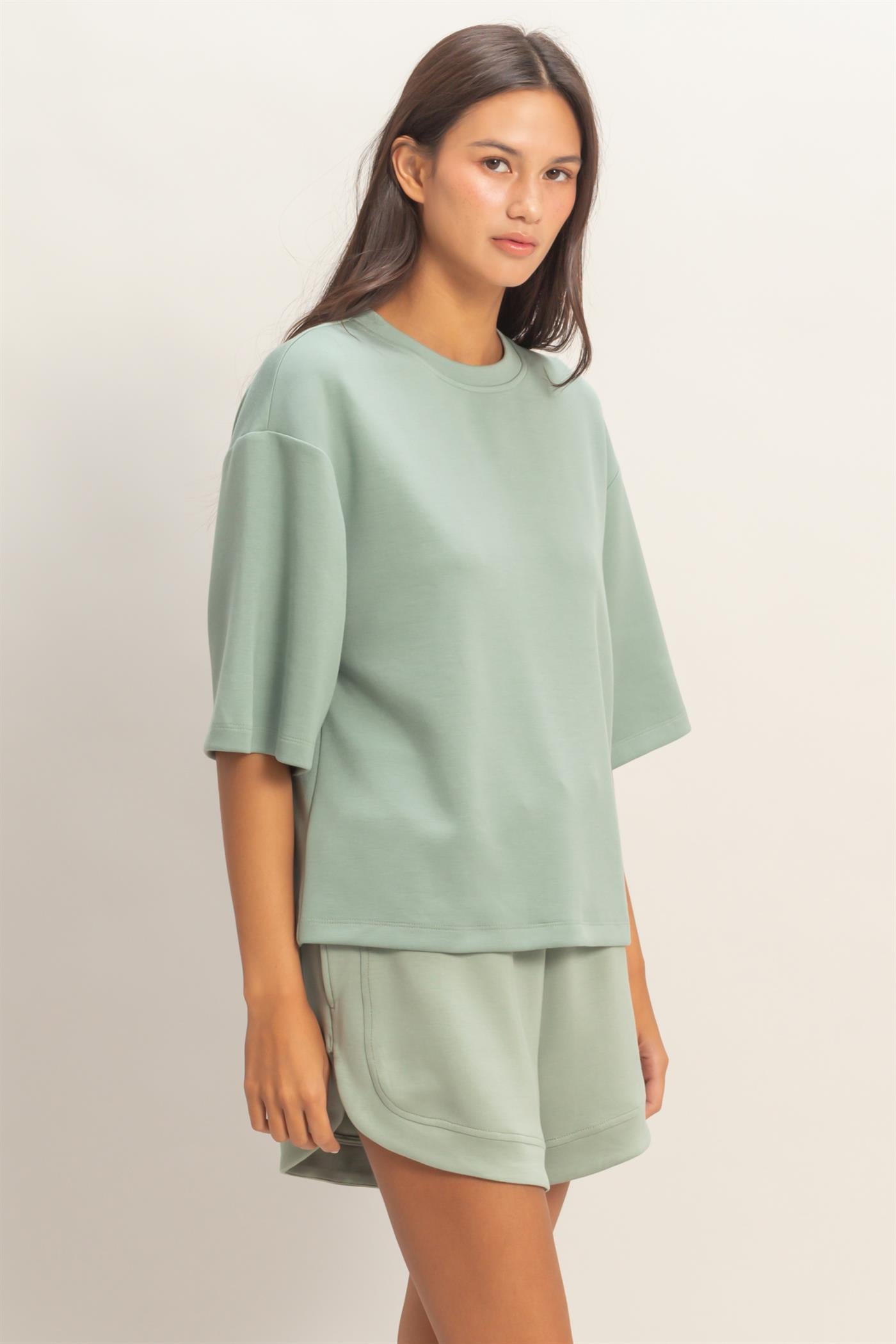 Wholesale Scuba Short Sleeve Boxy Top T-Shirts DZ26A271 SAGE GREEN DOUBLE ZERO