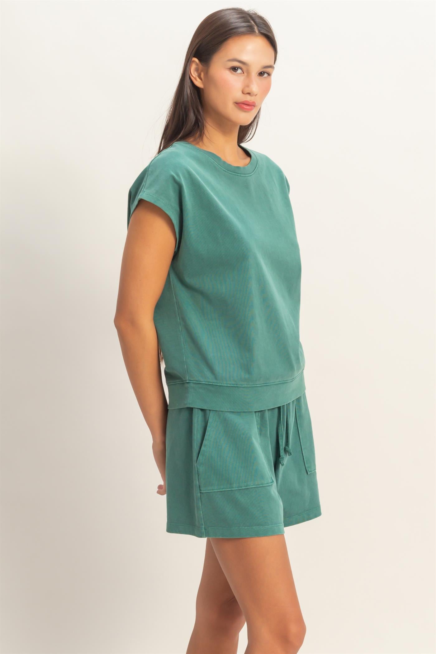 Wholesale Sleeveless Crew Neck Top and Shorts Set Clothing DZ26A028-SET DARK TEAL DOUBLE ZERO
